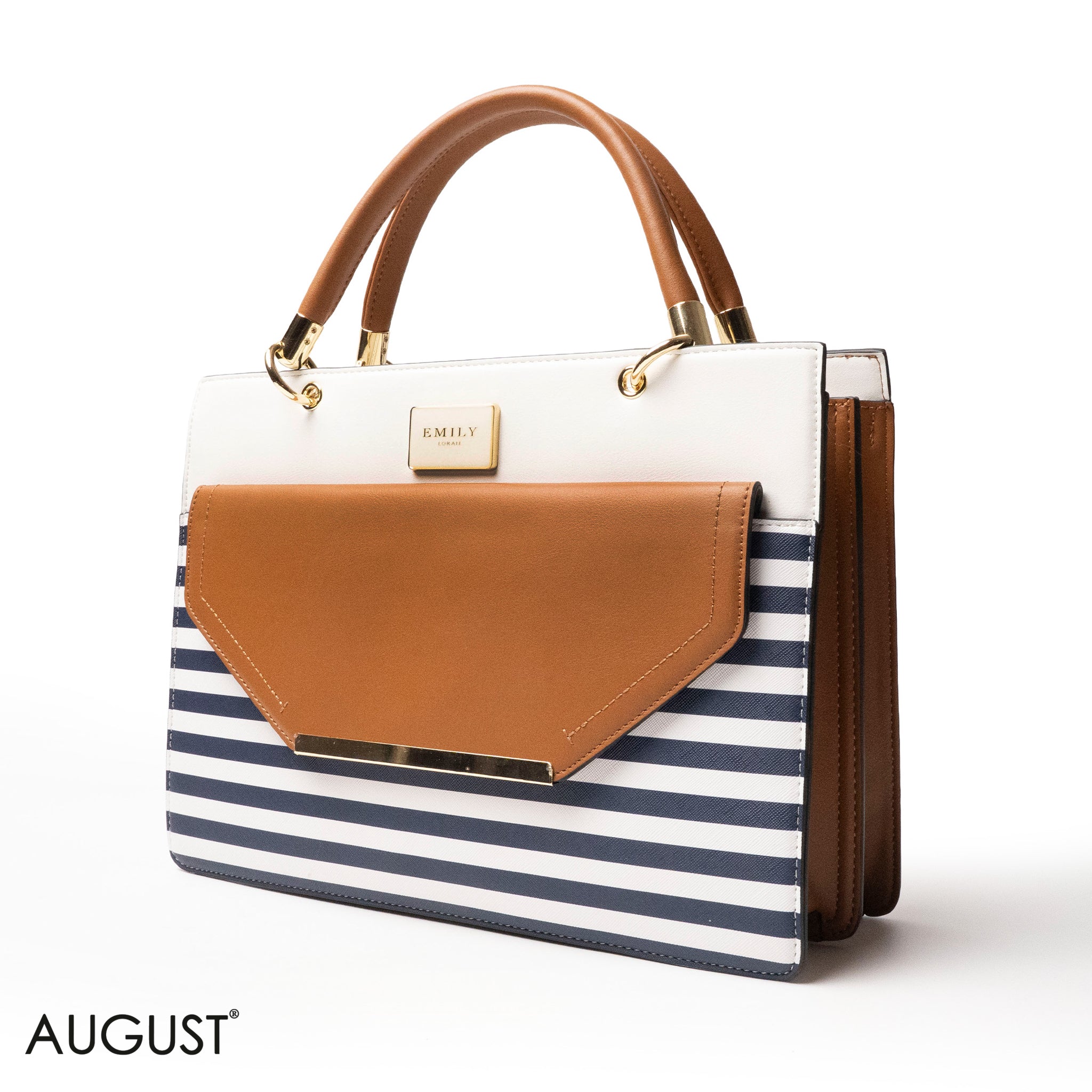 STRIPED NAVY LEATHER HANDBAG WITH FLAP - LARGE