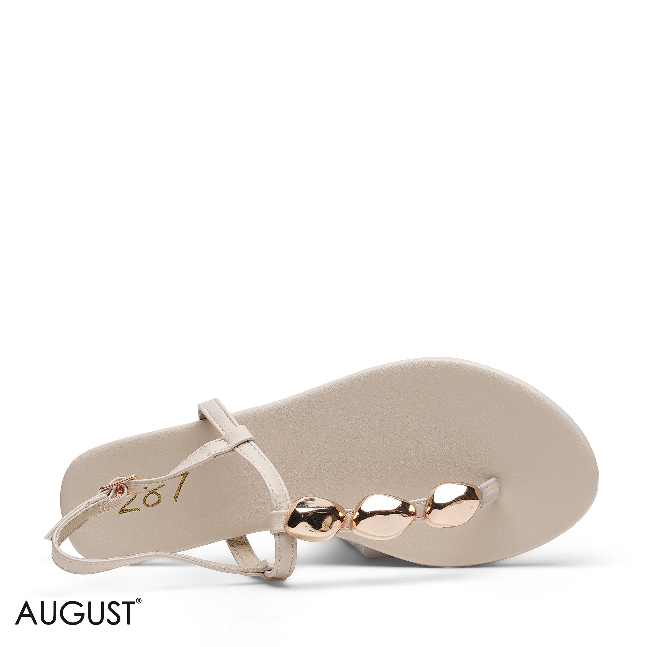 BEIGE ANKLE STRAP SANDAL WITH METALLIC ACCENTS