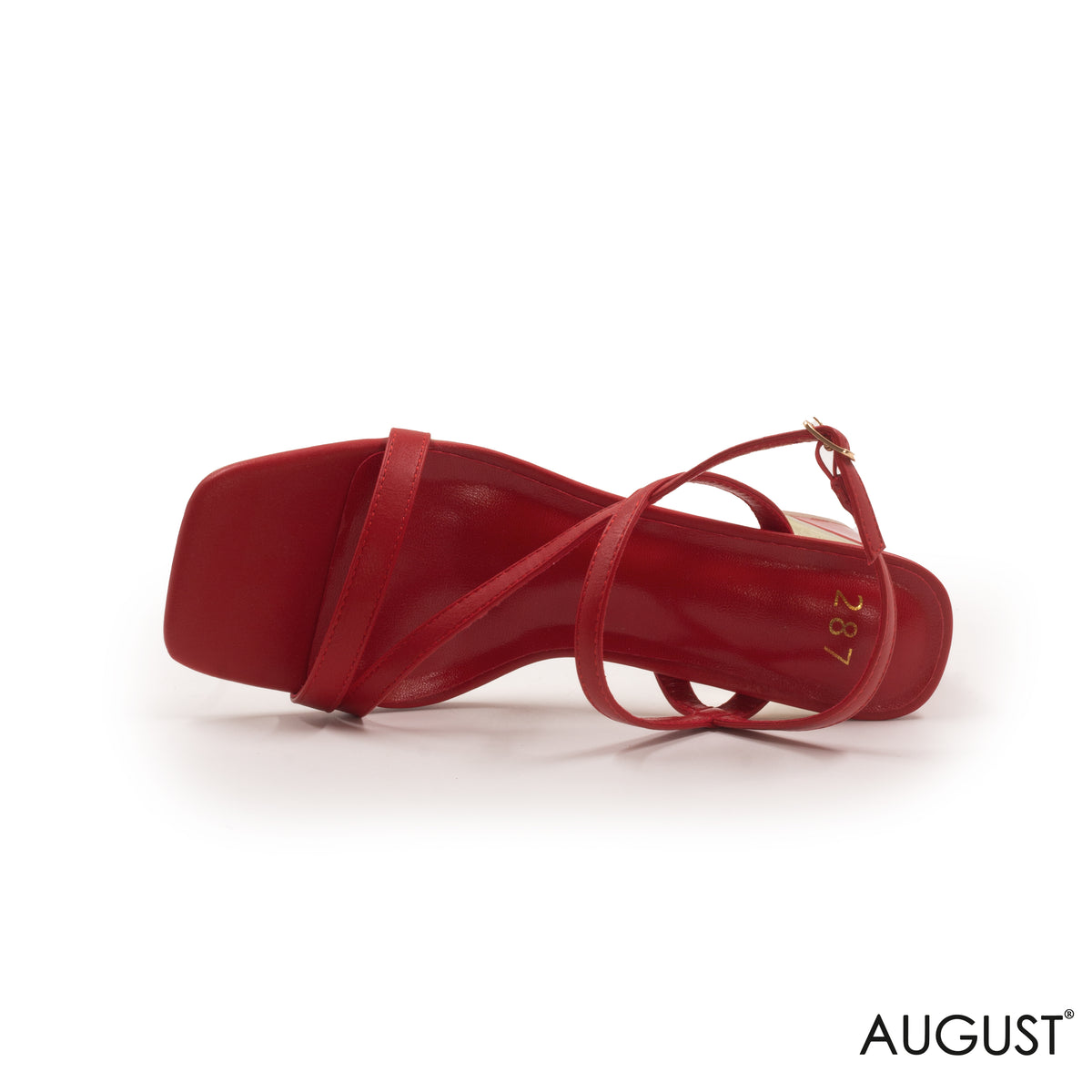 RED STRAPPY BLOCK HEEL SANDAL WITH MINI BUCKLE