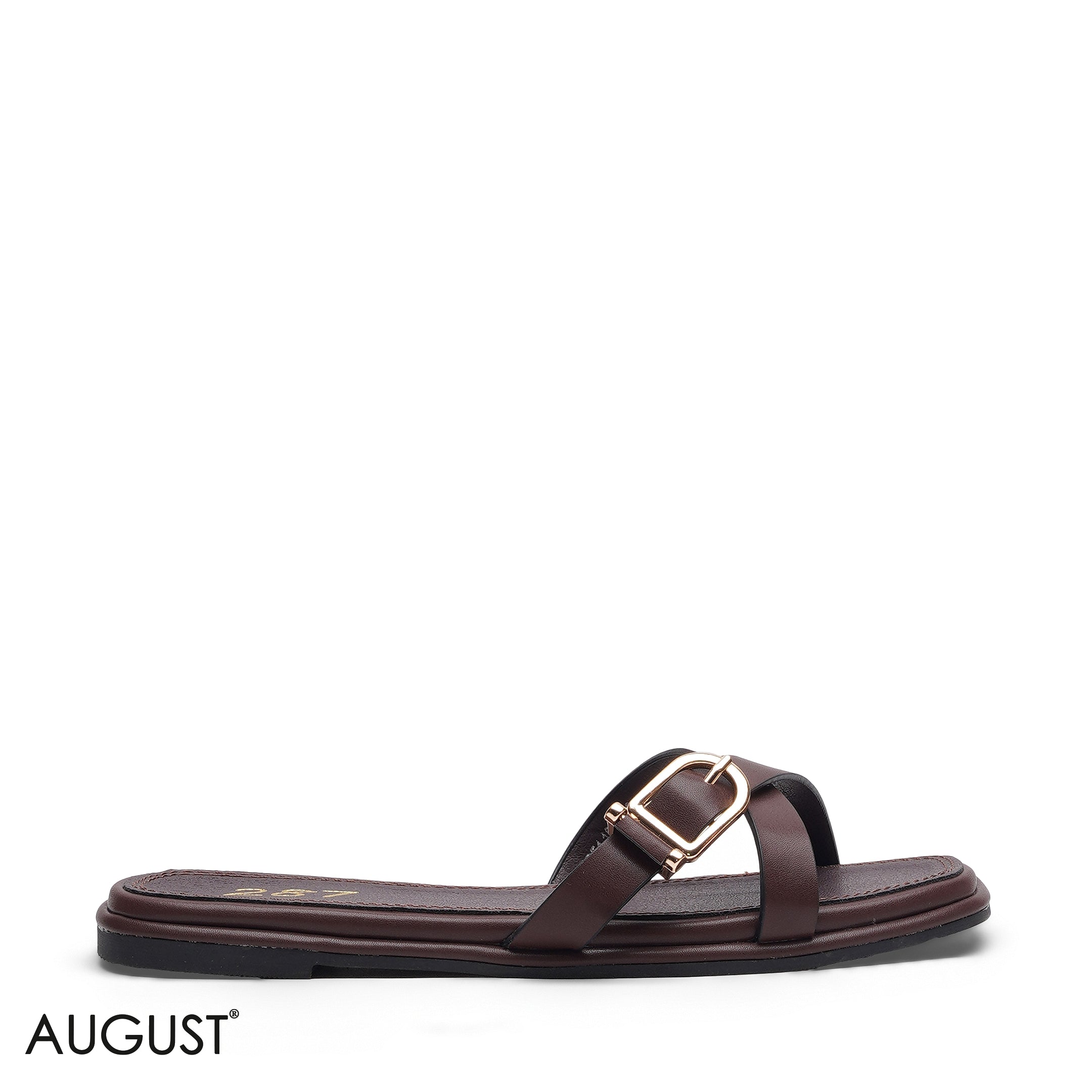 DEEP BROWN SLIM CROSS STRAP BUCKLE SLIPPERS