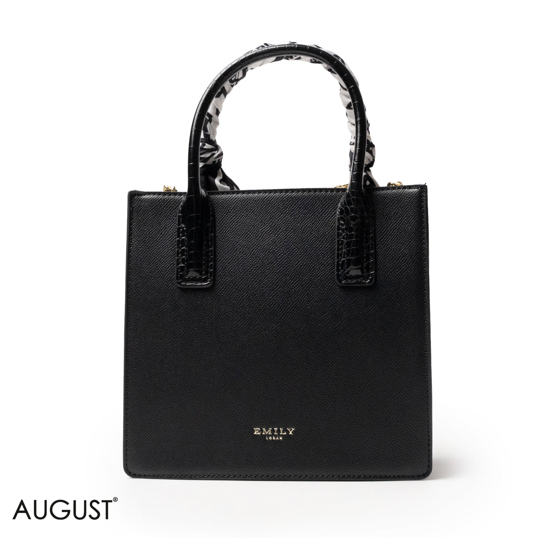 BLACK LEATHER HANDBAG WITH SILKY SCARF, METAL CHAIN - MED