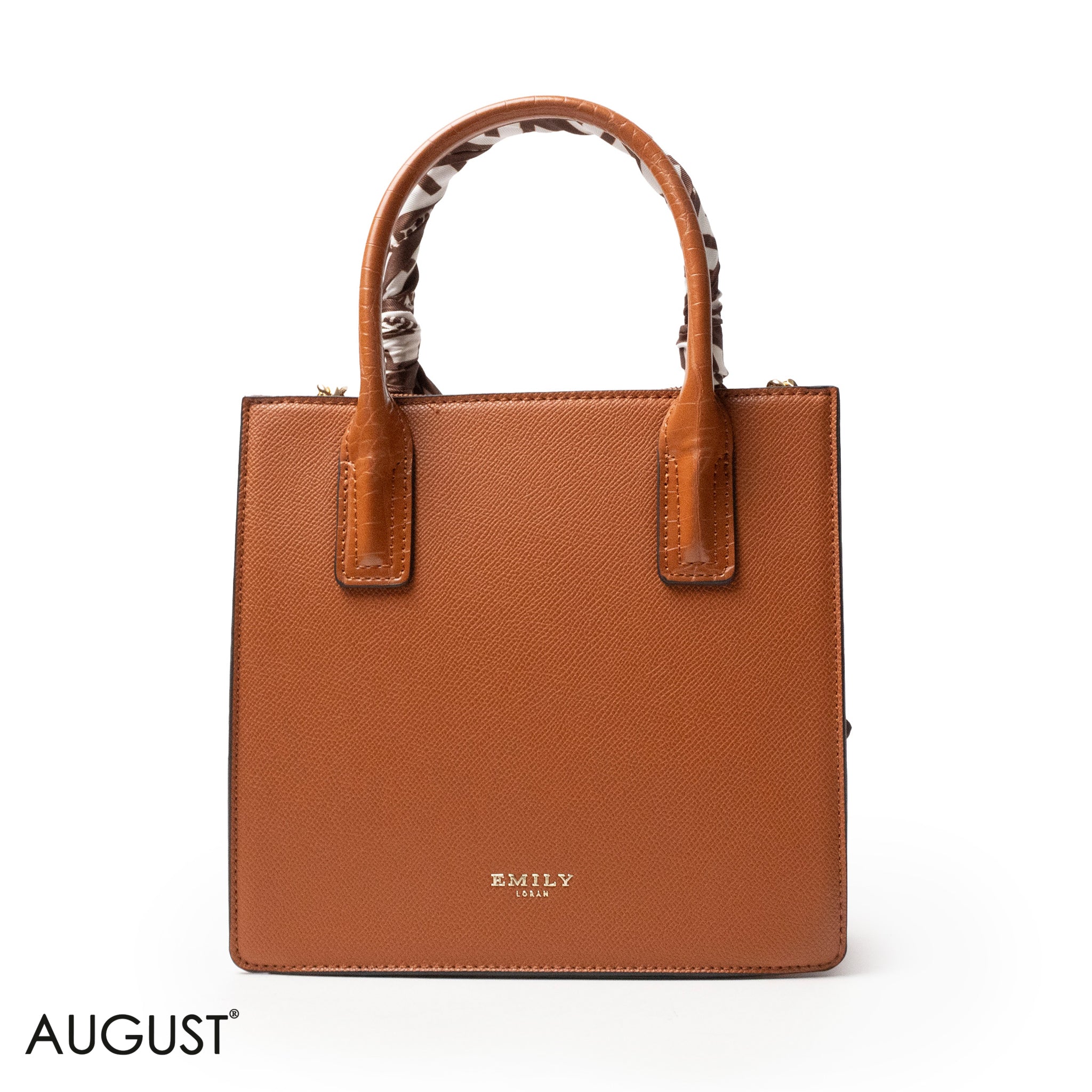 CAMEL LEATHER HANDBAG WITH SILKY SCARF, METAL CHAIN - MED