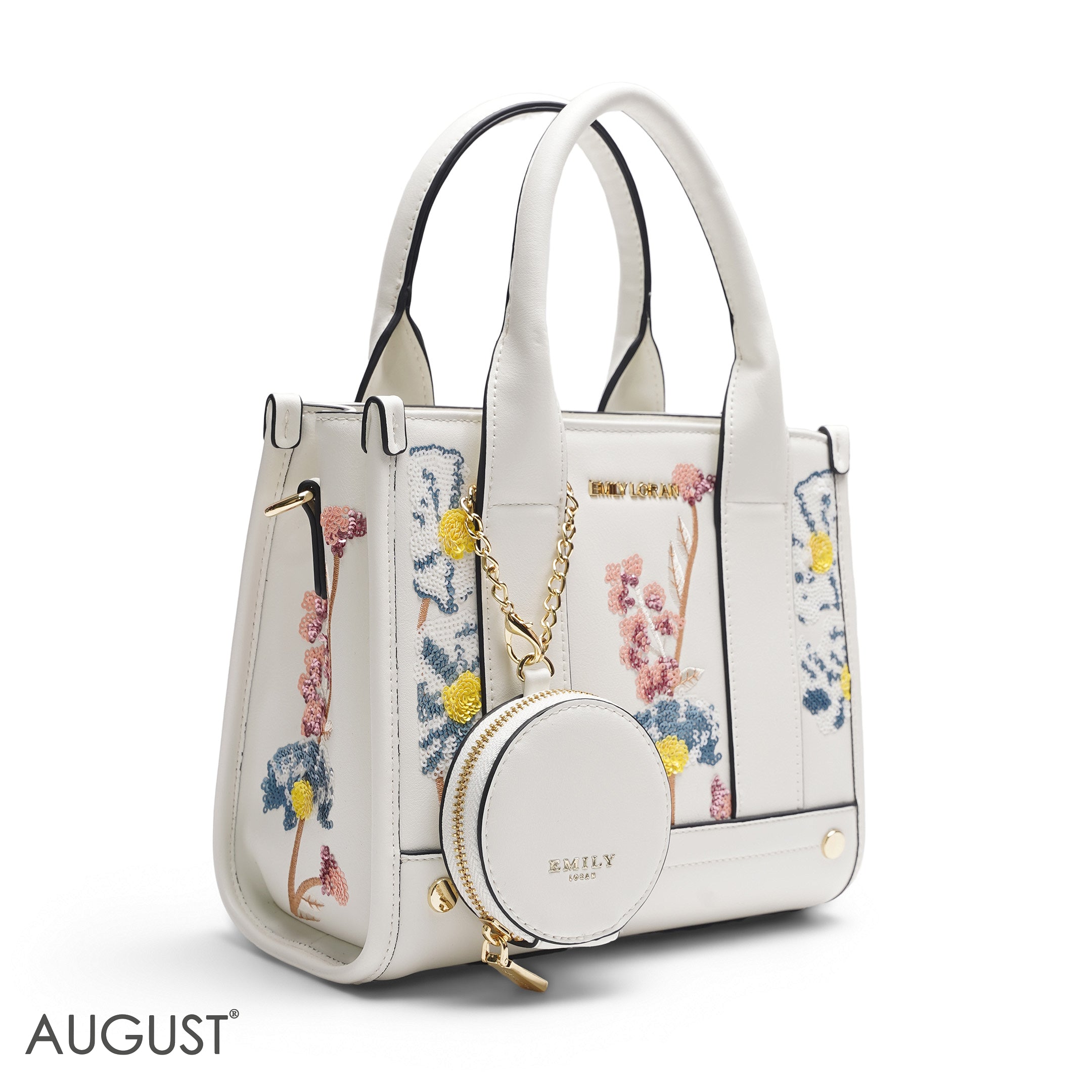 WHITE SEQUIN FLORAL TOTE WITH ROUND POUCH - MED