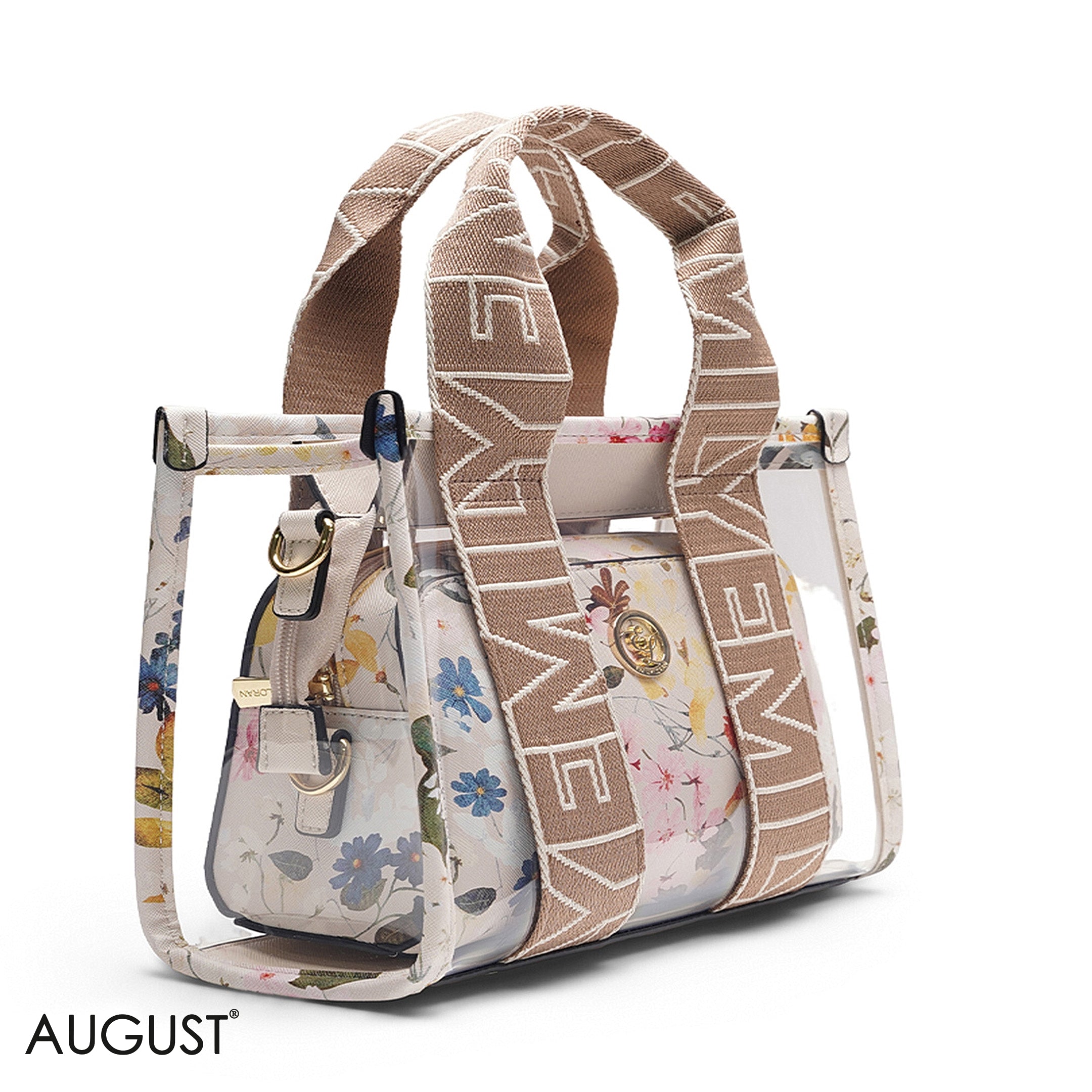 FLORAL BEIGE TRANSPARENT BAG WITH SOLID INNER POUCH- LARGE