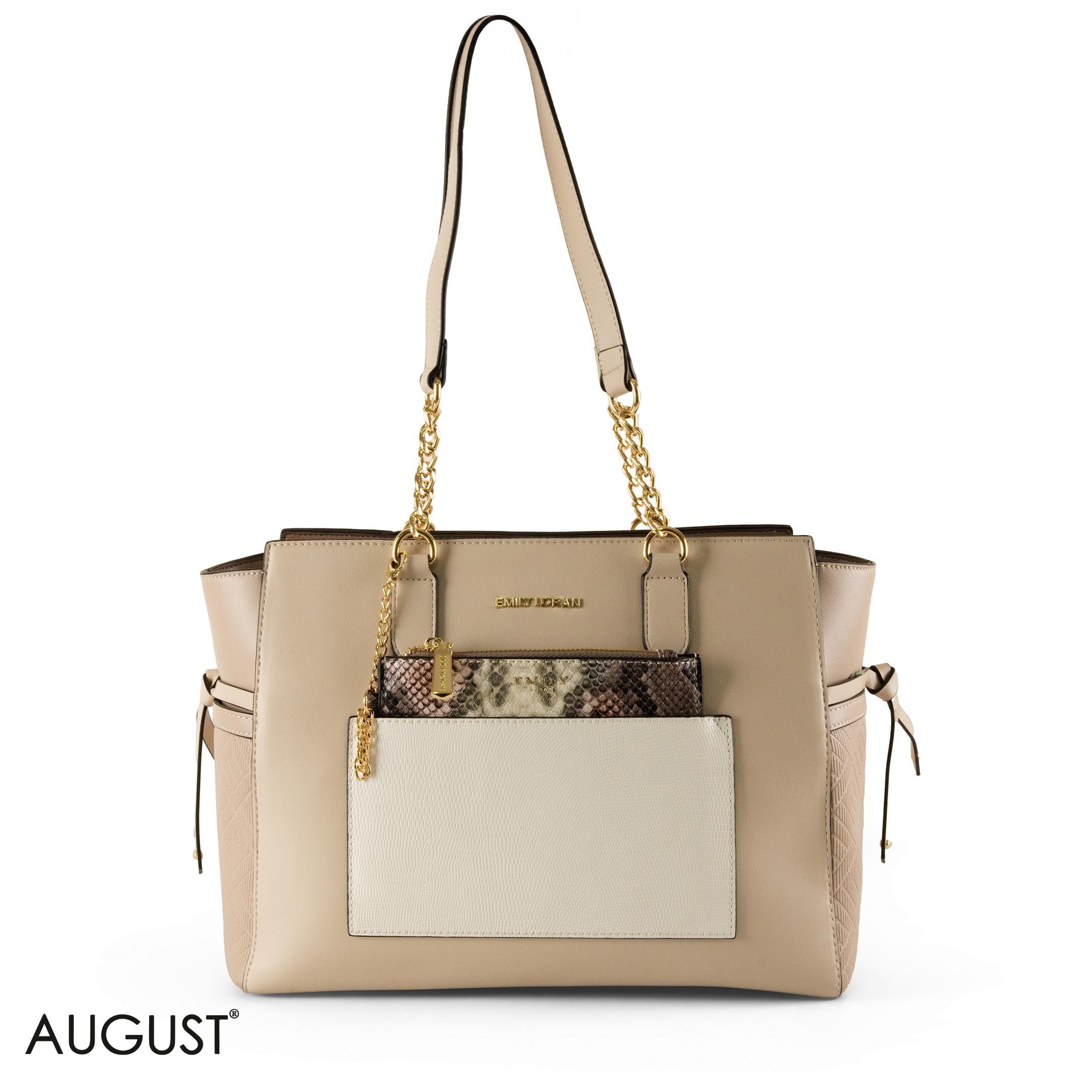 BEIGE LEATHER SHOULDER BAG WITH SNAKE ACCENTS - LARGE