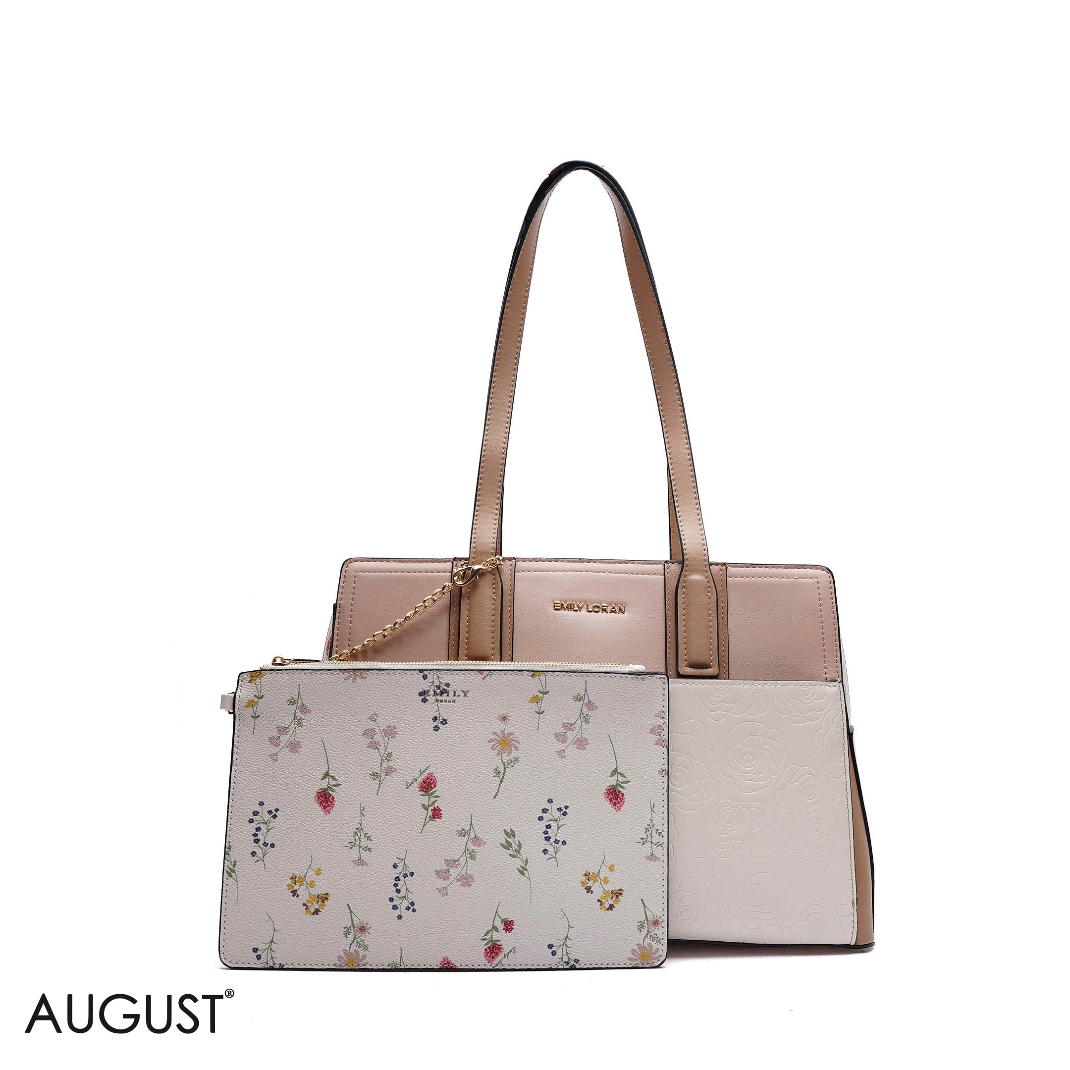 EMBOSSED FLORAL HANDBAG WITH POUCH - LARGE
