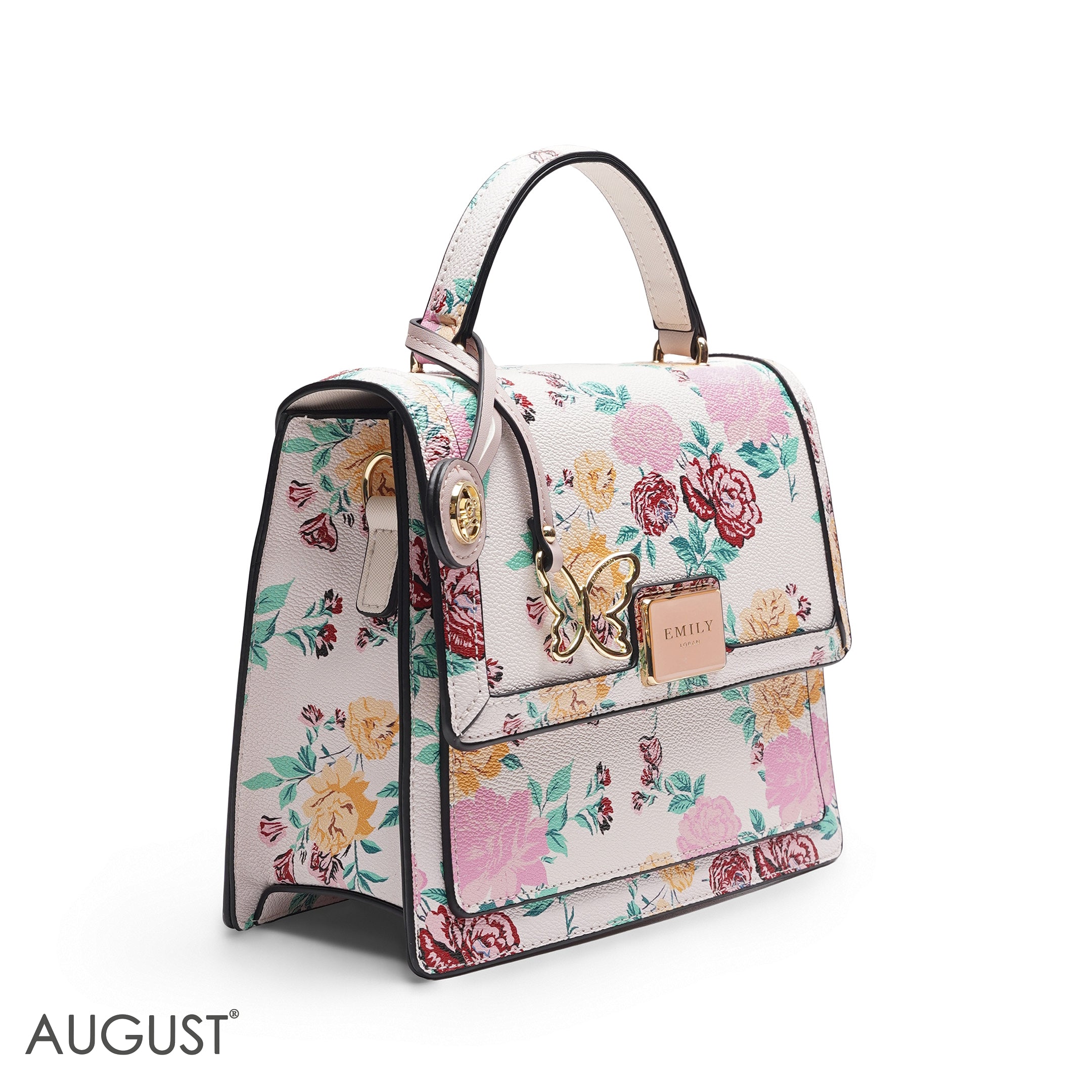EMILY WHITE FLORAL SATCHEL BAG WITH BUTTERFLY CHARM - MED