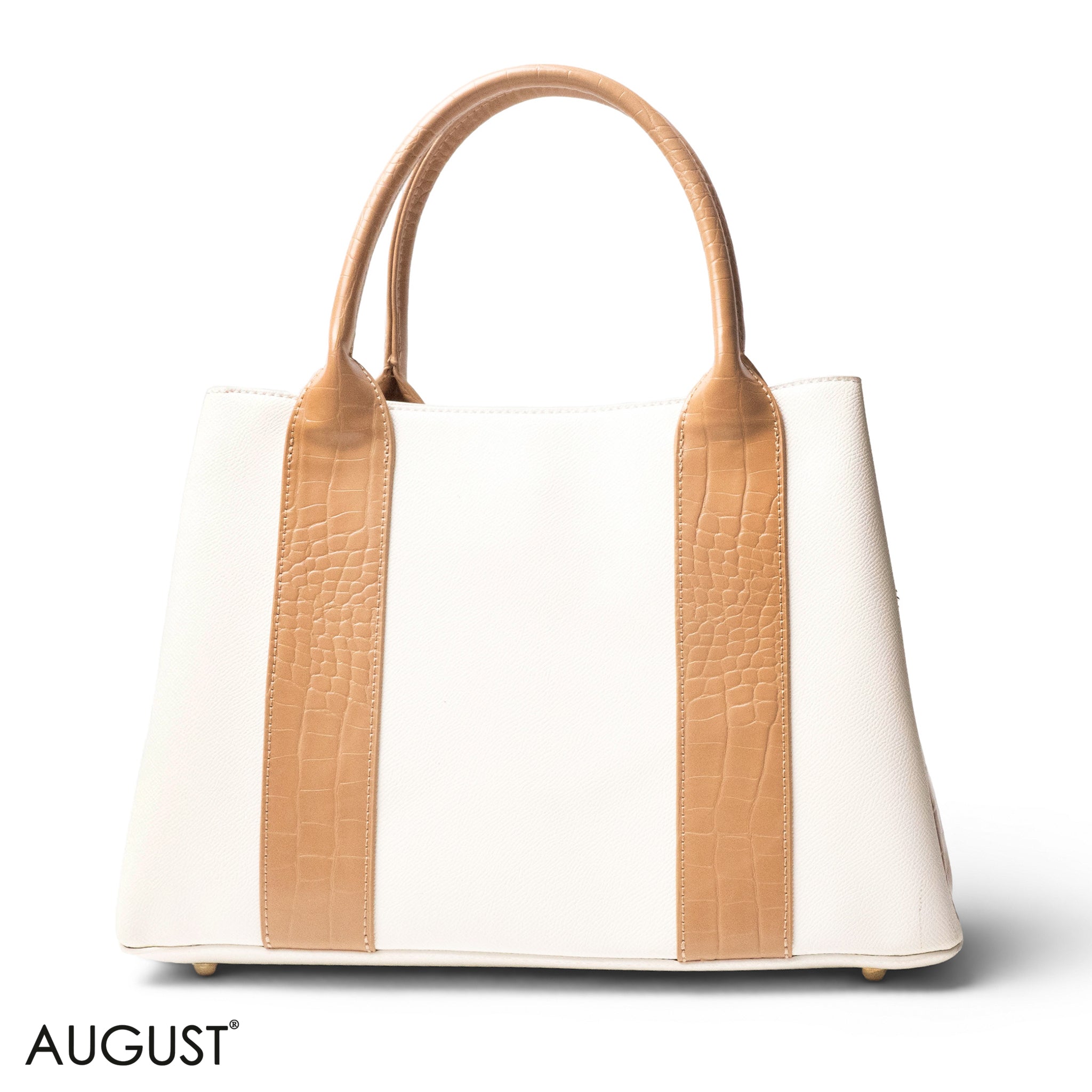 WHITE SMOOTH LEATHER HANDBAG WITH CROC DESIGN -LARGE