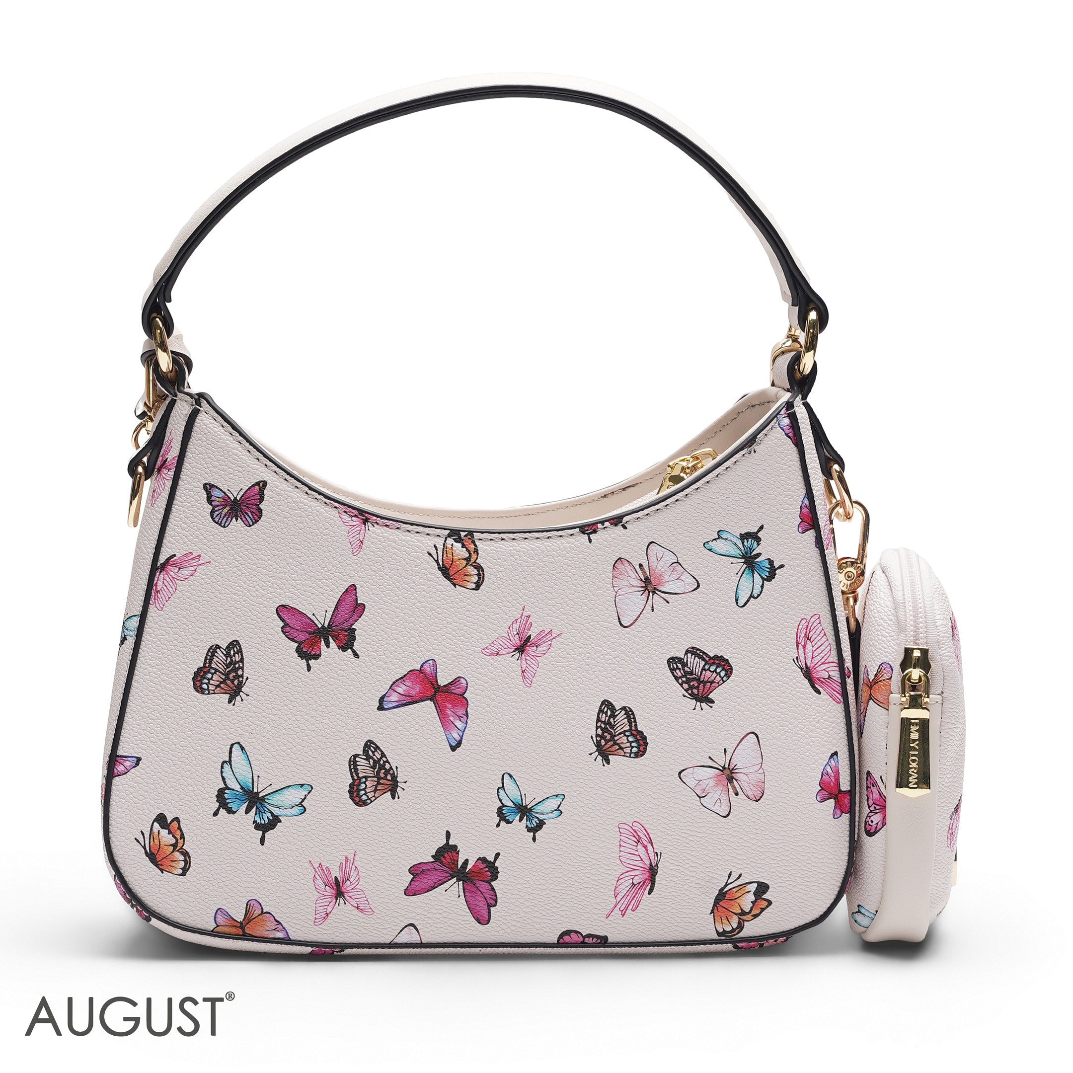WHITE BUTTERFLY PRINT HOBO BAG WITH SIDE POUCH