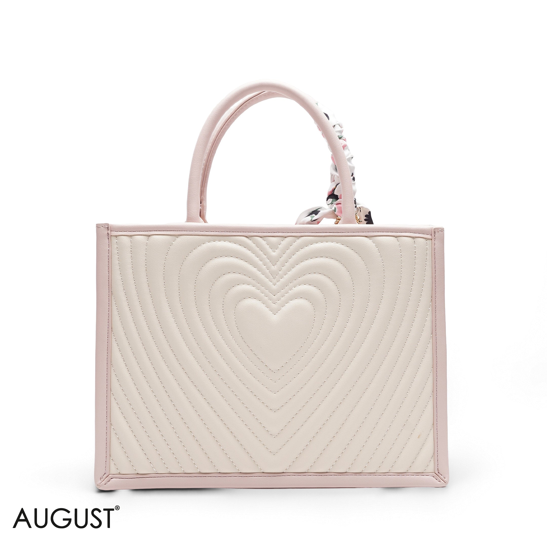 HEART QUILTED FLORAL SCARF BEIGE&PINK TOTE BAG