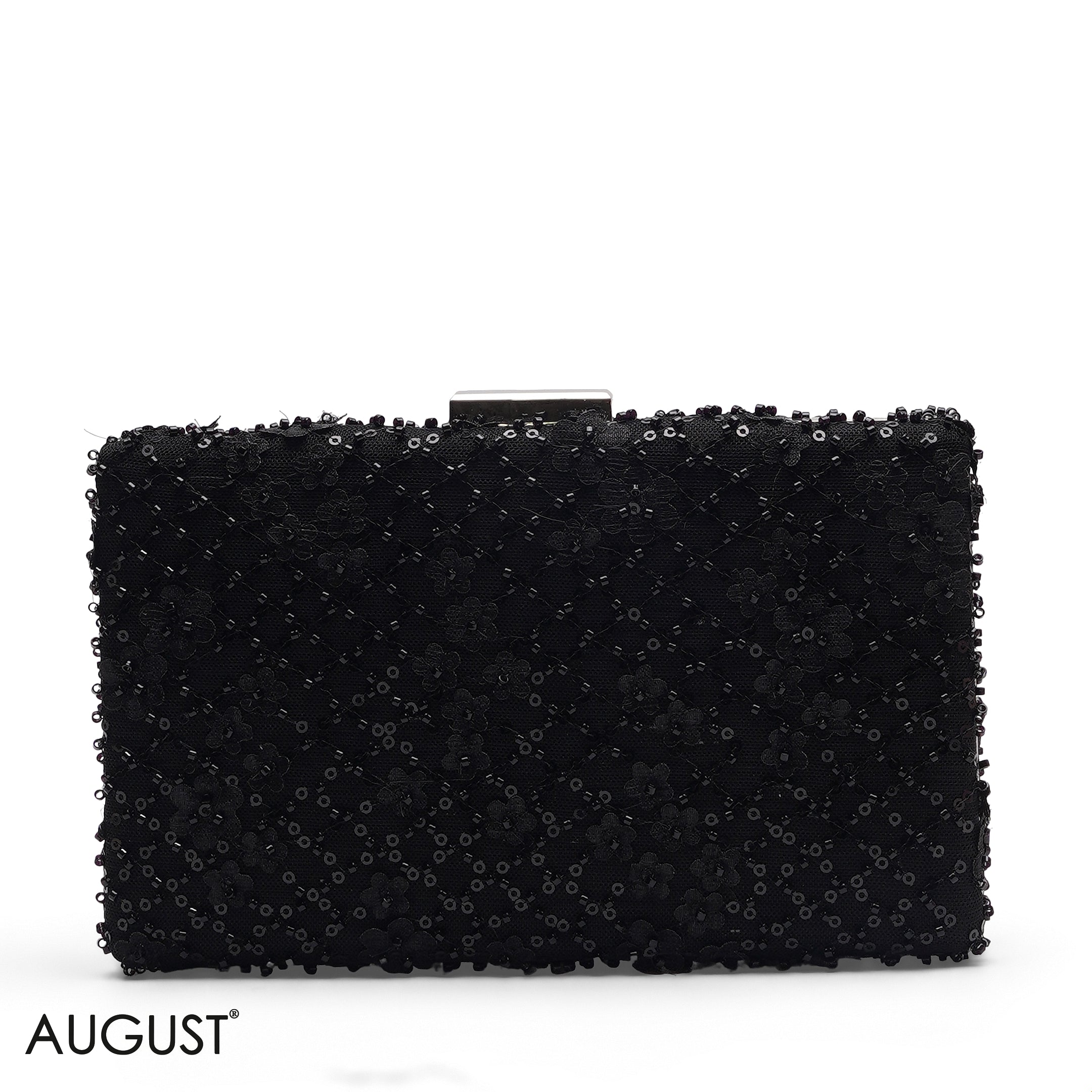 BLACK QUILTED BEADED CLUTCH WITH FLORAL EMBROIDERY