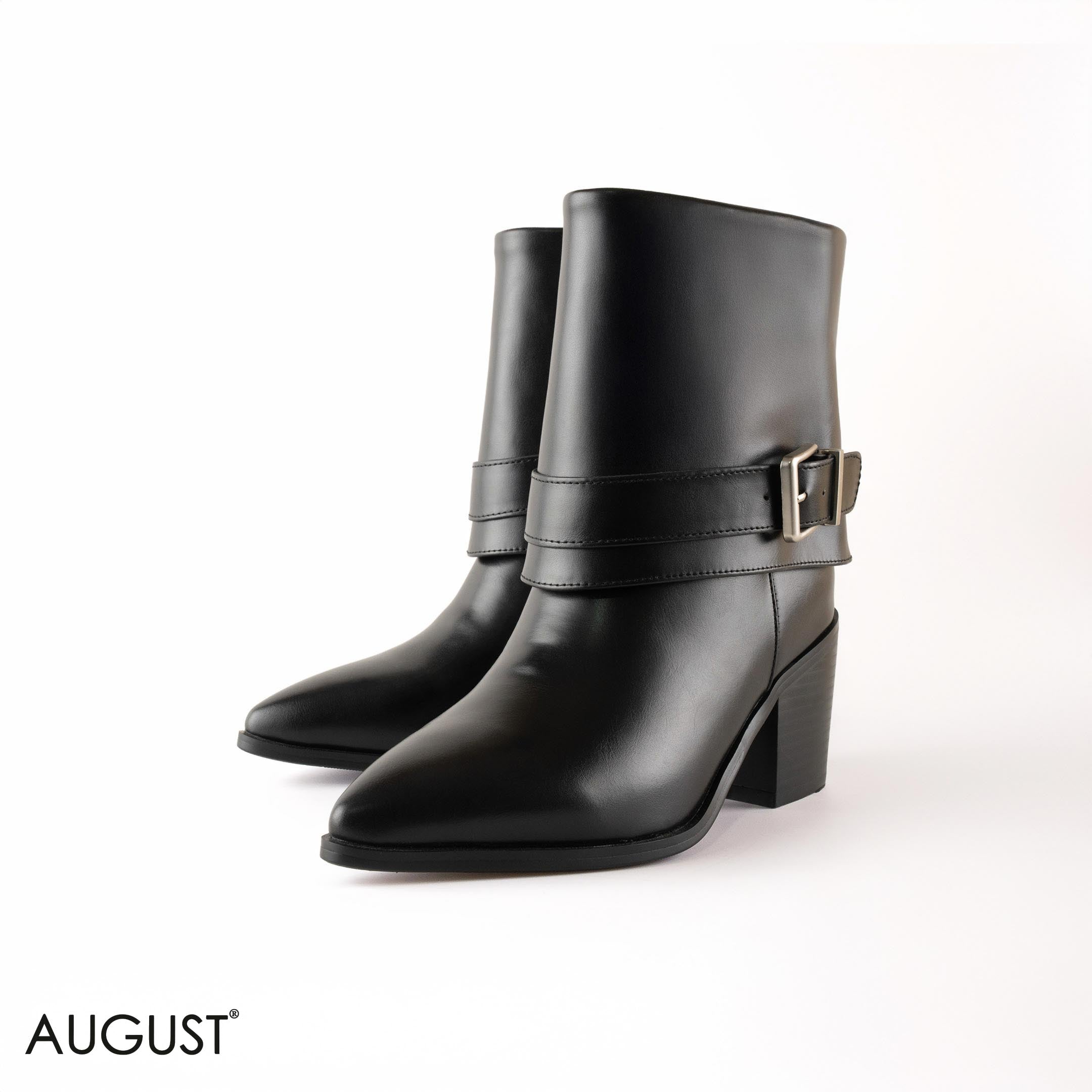 BLACK SMOOTH LEATHER BUCKLED ANKLE BOOTS