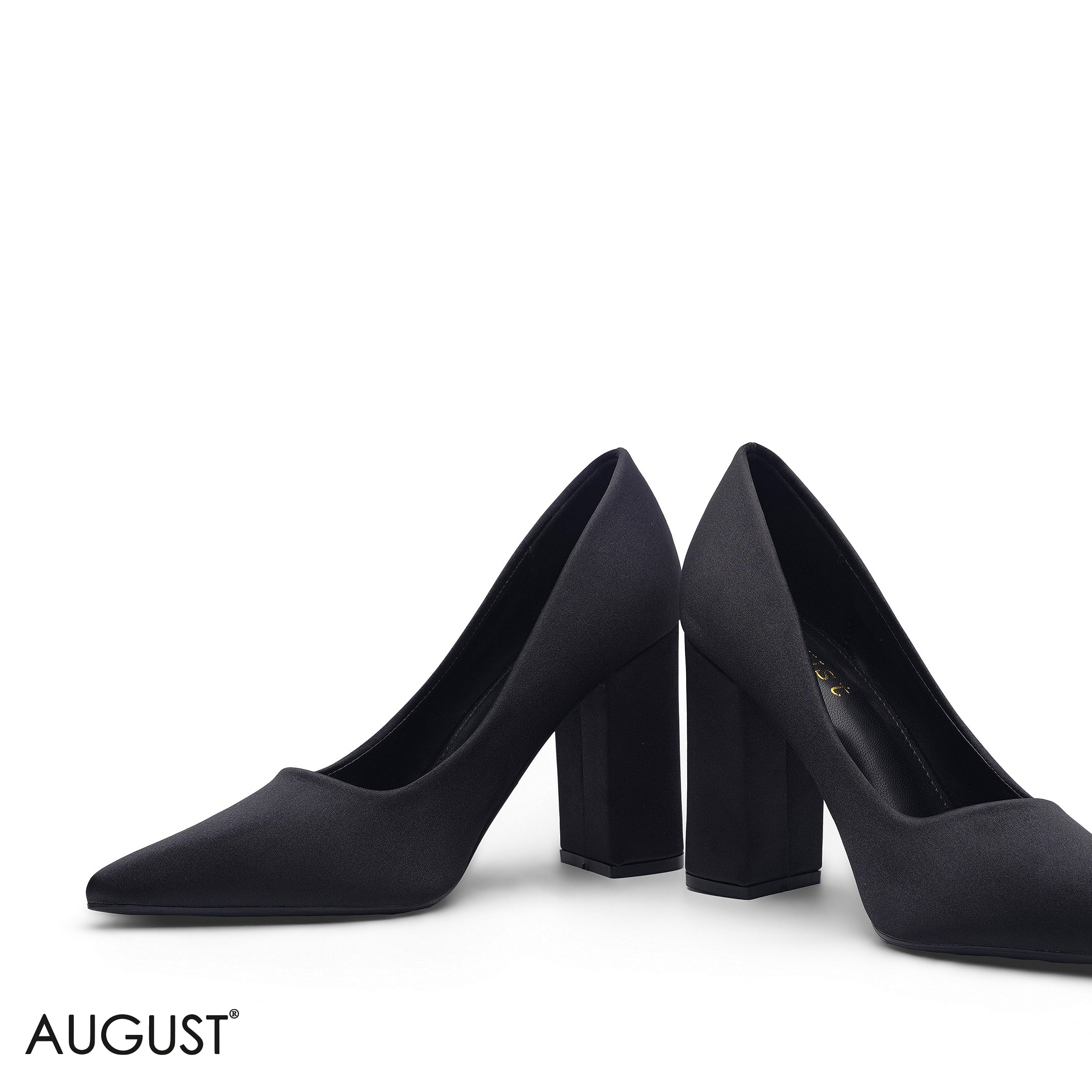 BLACK SATIN POINTED-TOE BLOCK HIGH HEEL