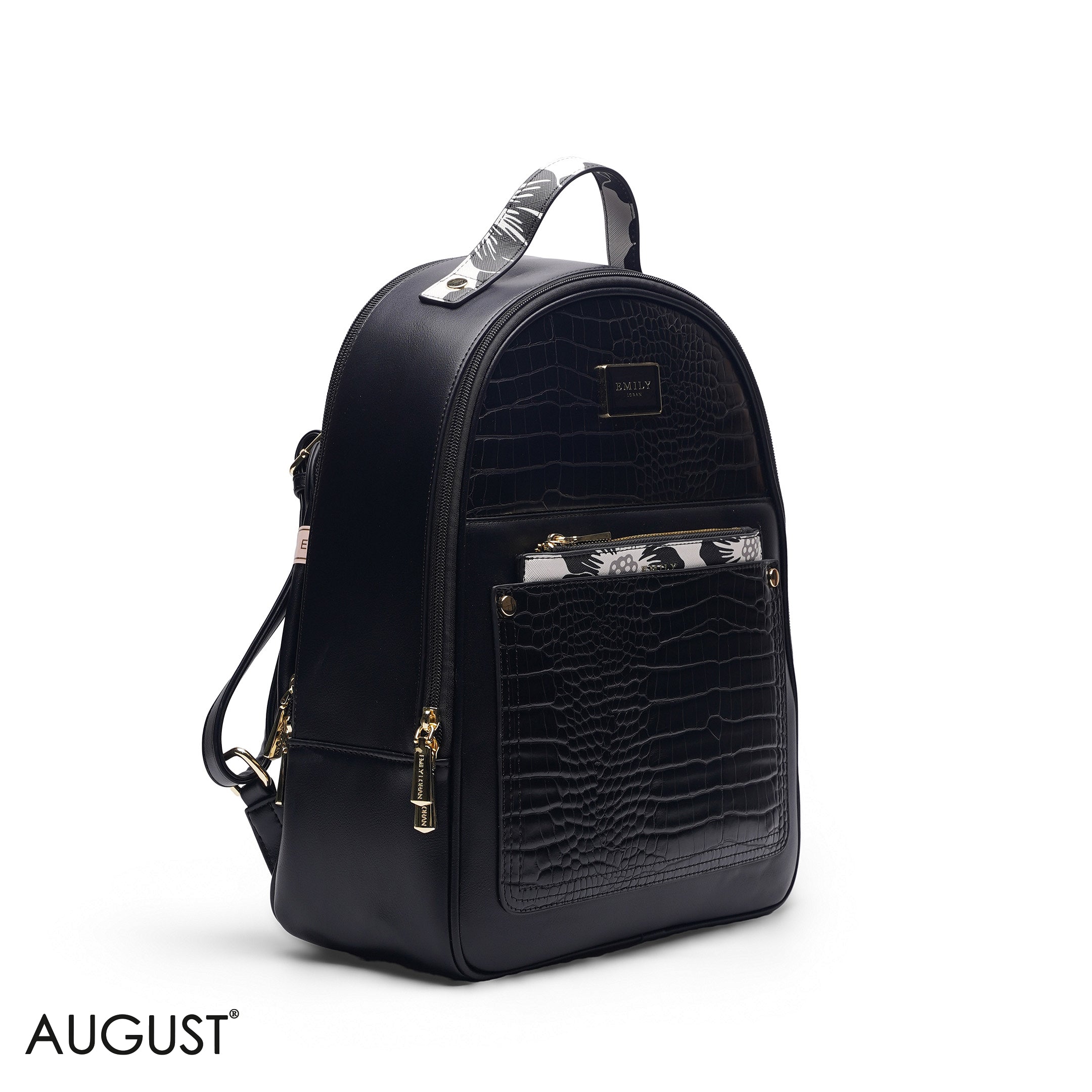 BLACK BACKPACK BAG WITH FLORAL FRONT POUCH - LARGE