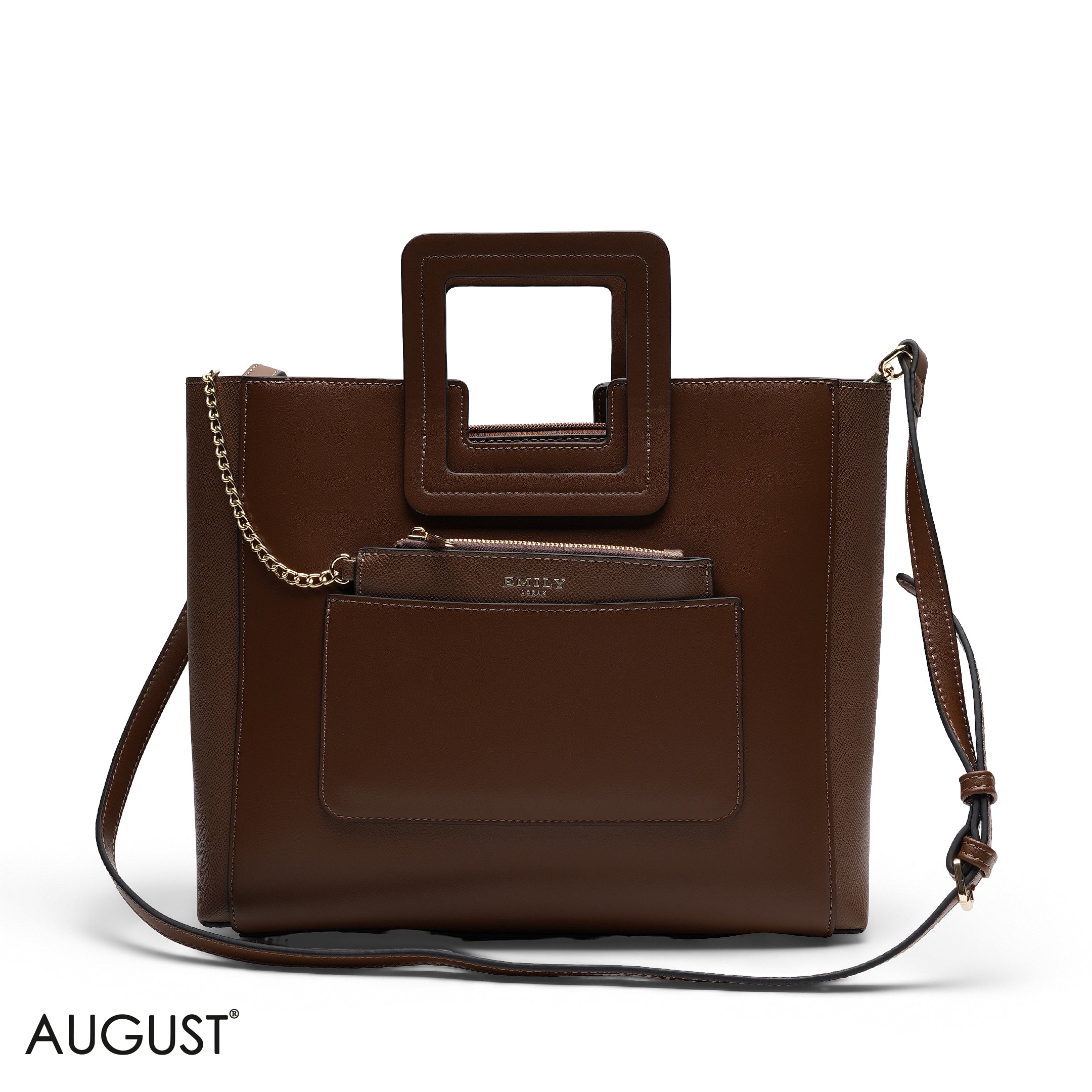 BROWN TEXTURED LEATHER TOTE WITH SNAKESKIN POUCH BAG