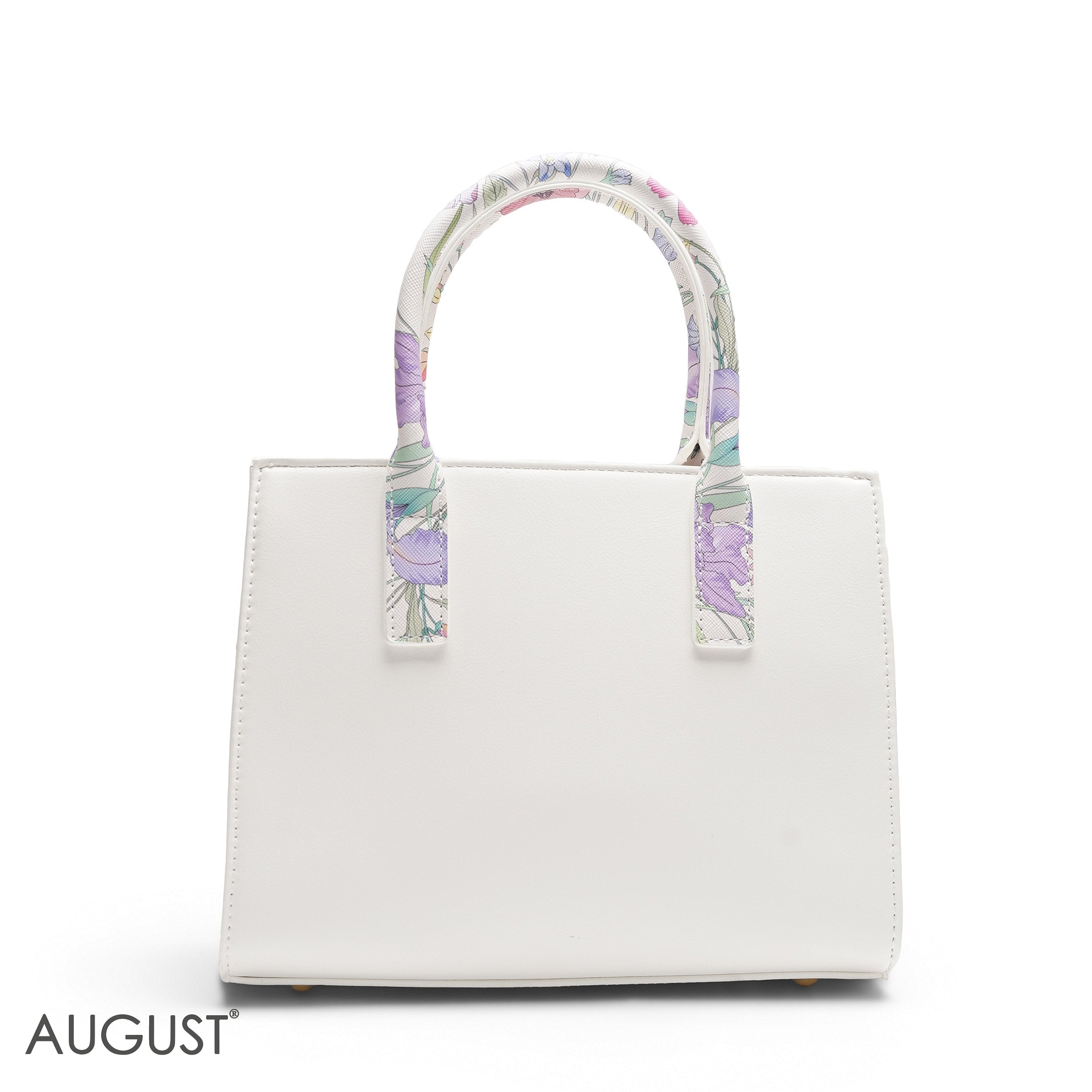 WHITE EMILY FLORAL ACCENT TOTE BAG WITH LOGO STRAP - MED