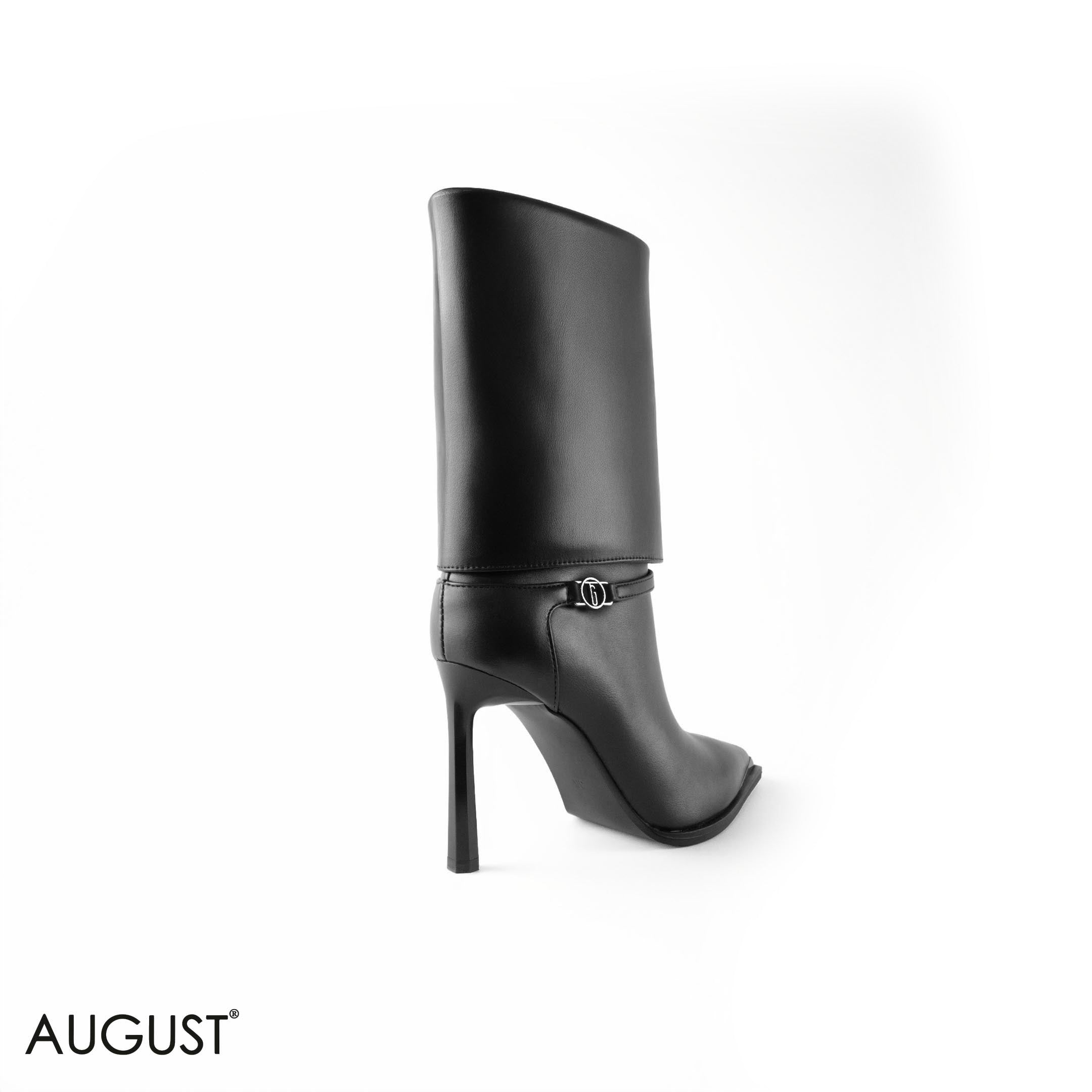 BLACK LEATHER STILETTOS HEELED BOOTS WITH BUCKLE DETAIL