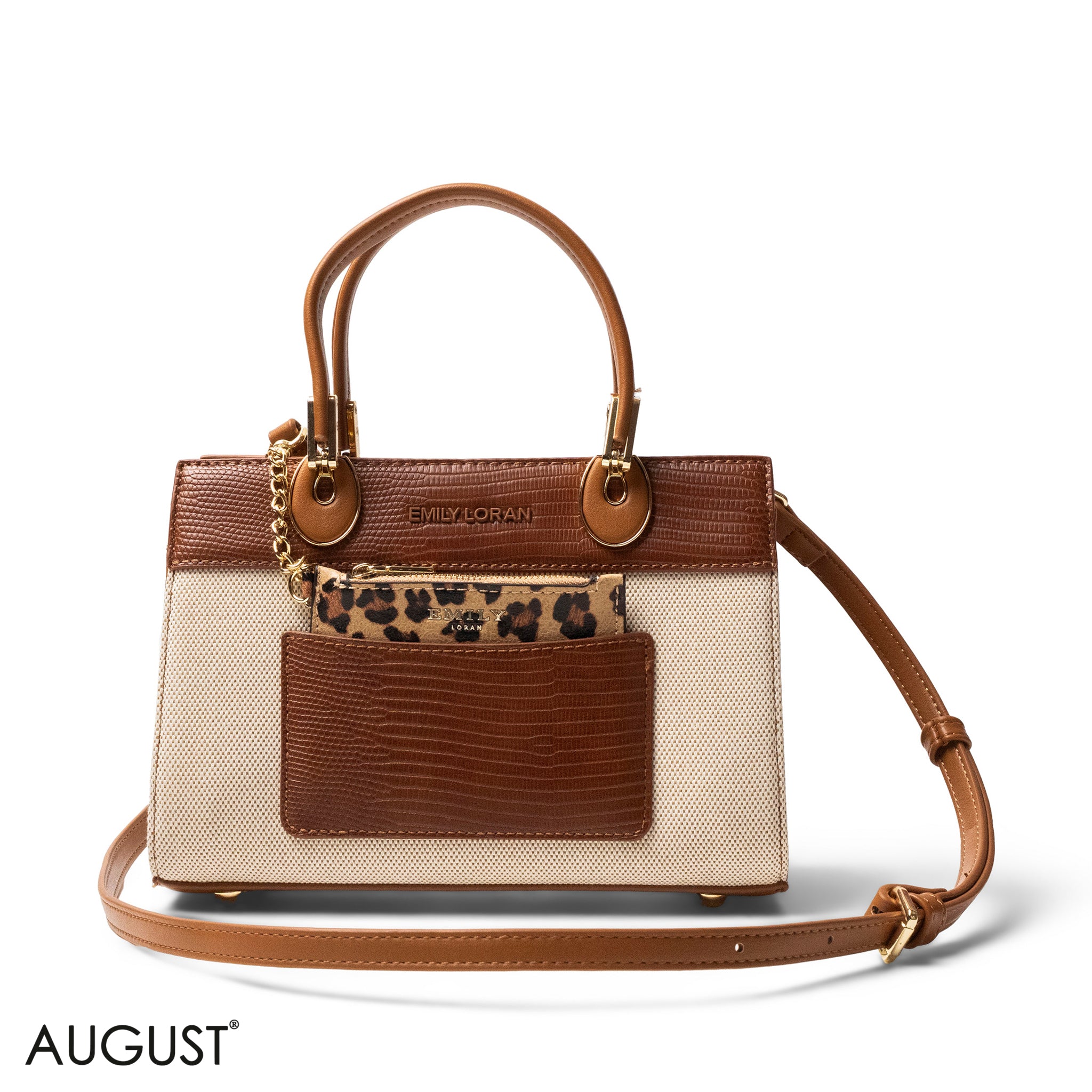 BROWN LEATHER SMOOTH HANDBAG WITH CROC DETAILS-SMALL