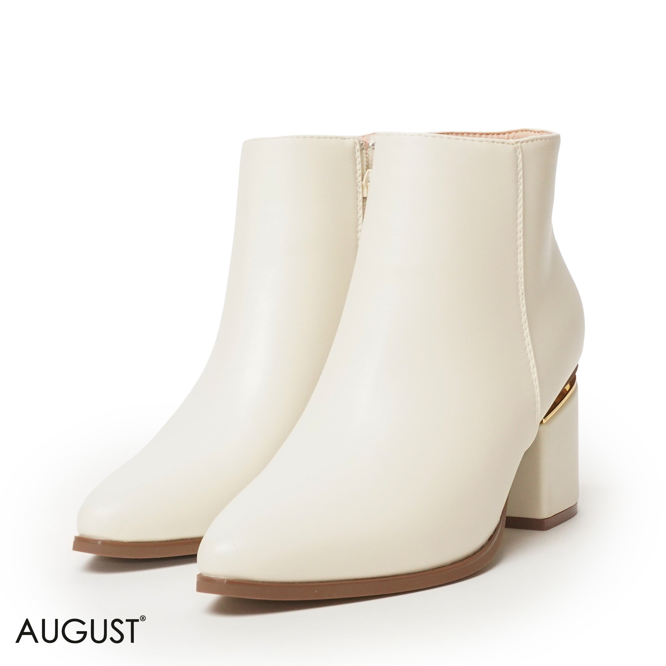 BEIGE LEATHER HEELED BOOTS WITH GOLD METALLIC TOUCH