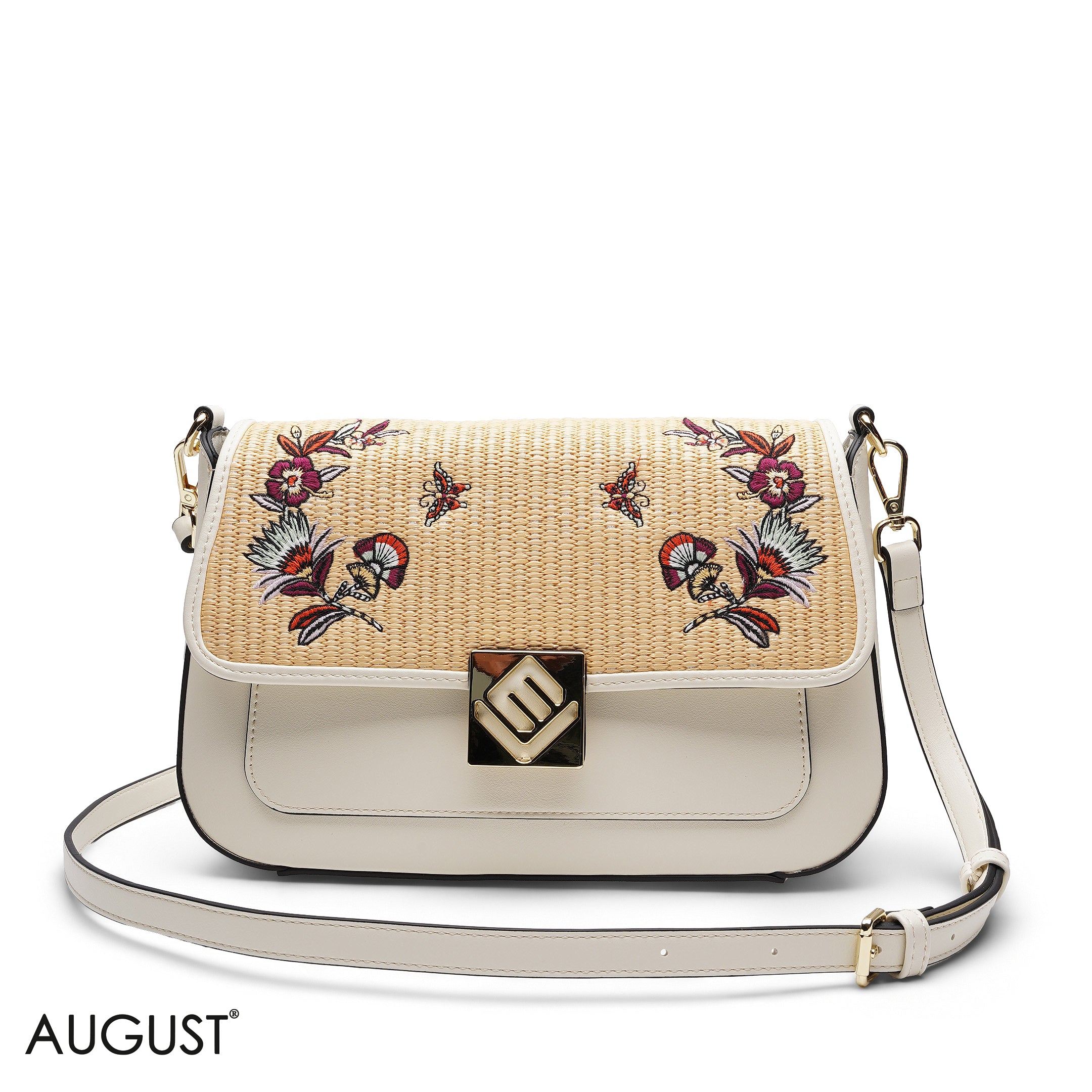 EMBROIDERED STRAW FLAP CROSSBODY BAG