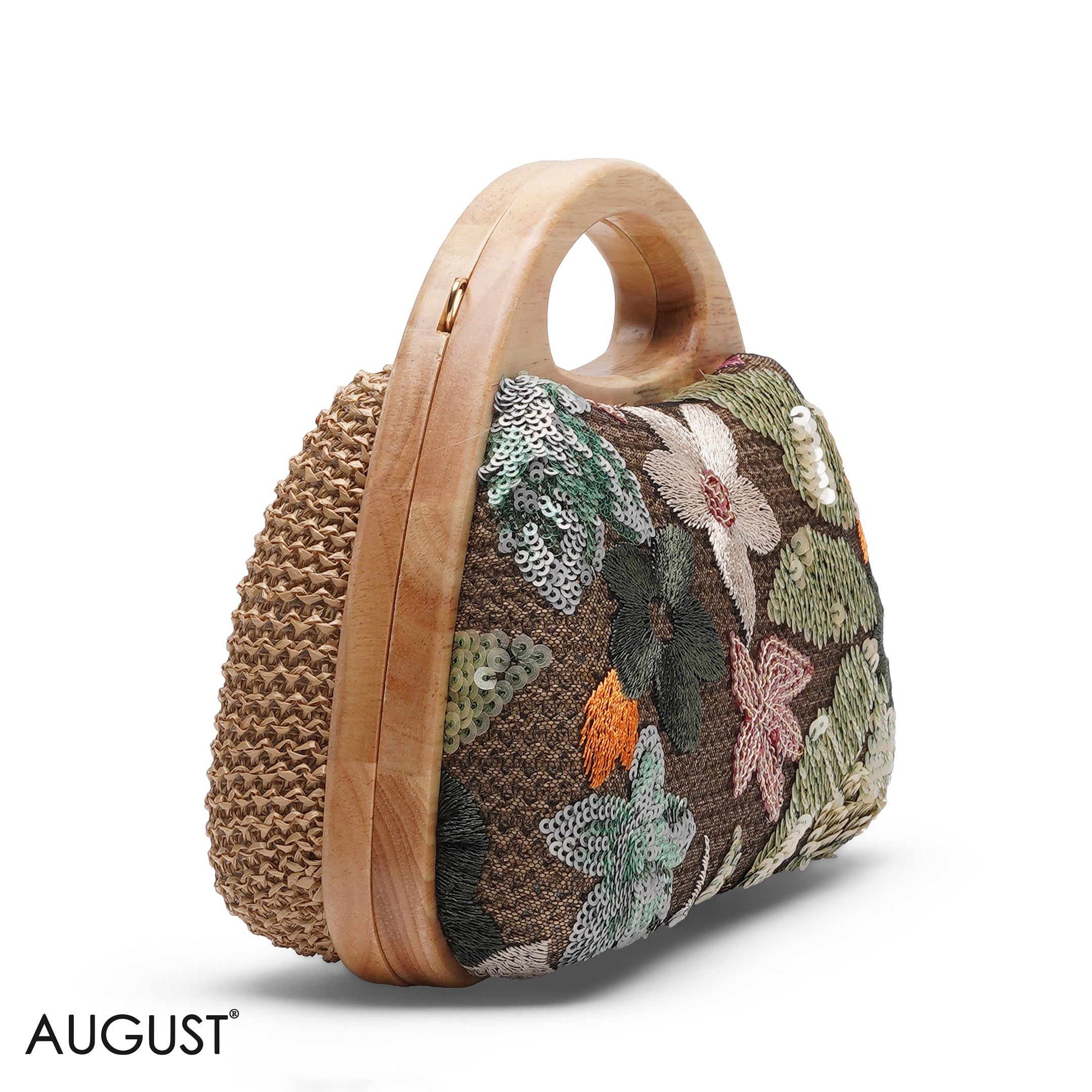 FLORAL EMBROIDERY WOODEN HANDLE CLUTCH