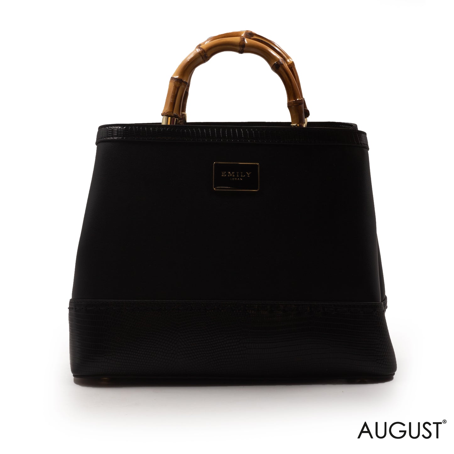 LEATHER BLACK BAG WITH BAMBOO-HANDLED -MED
