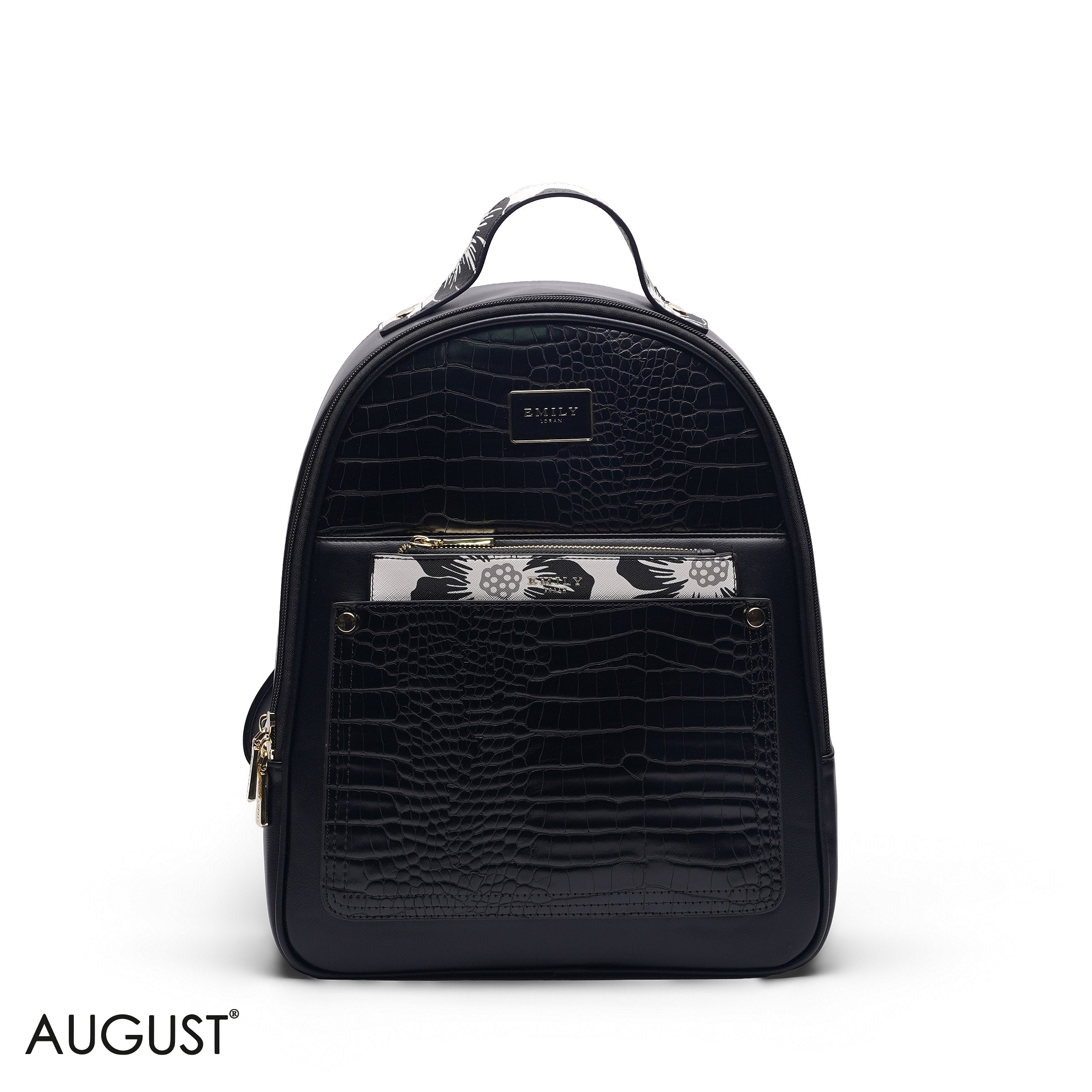 BLACK BACKPACK BAG WITH FLORAL FRONT POUCH - LARGE