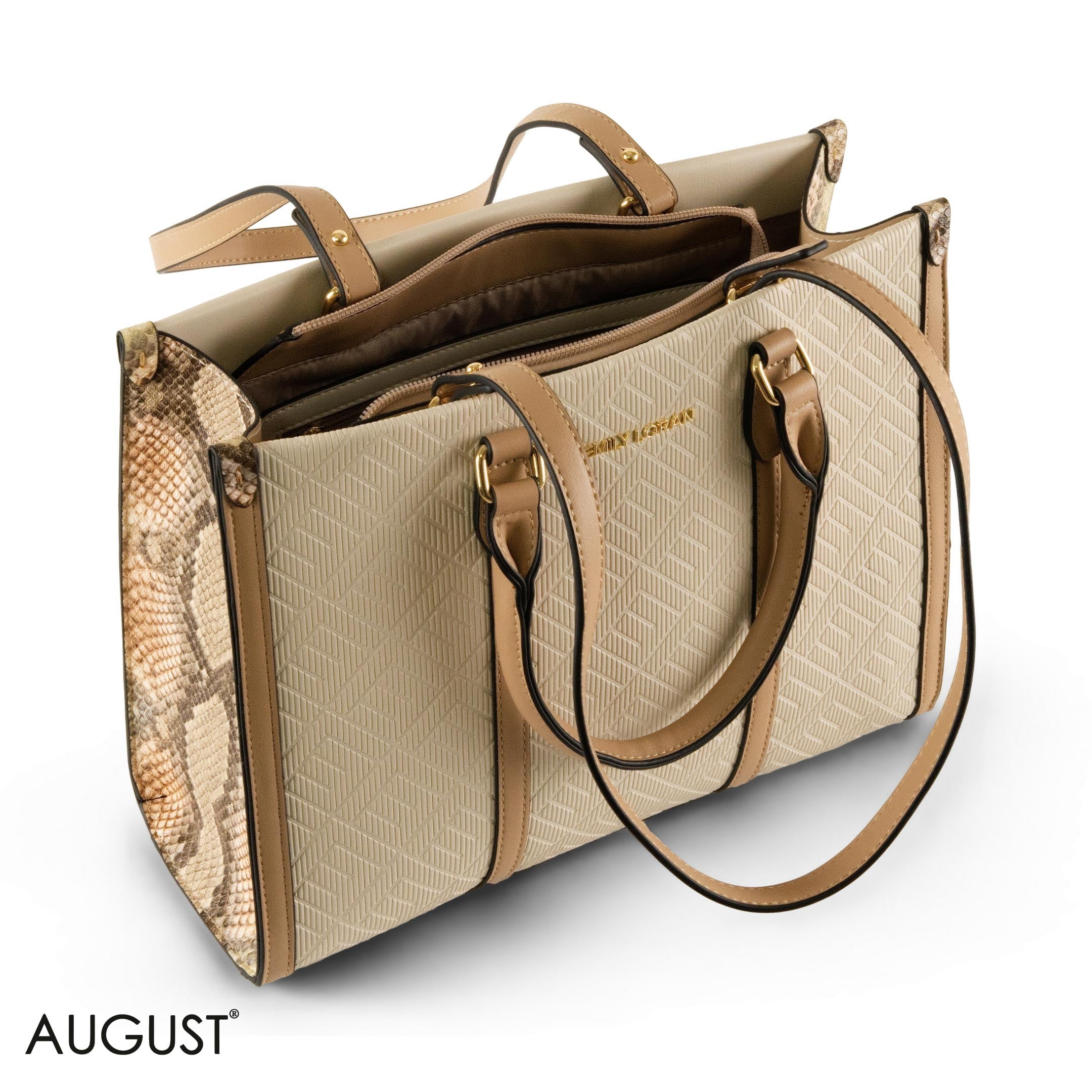 CREAMY EMILY LORAN HANDBAG WITH BEIGE LEATHER TRIM -MED