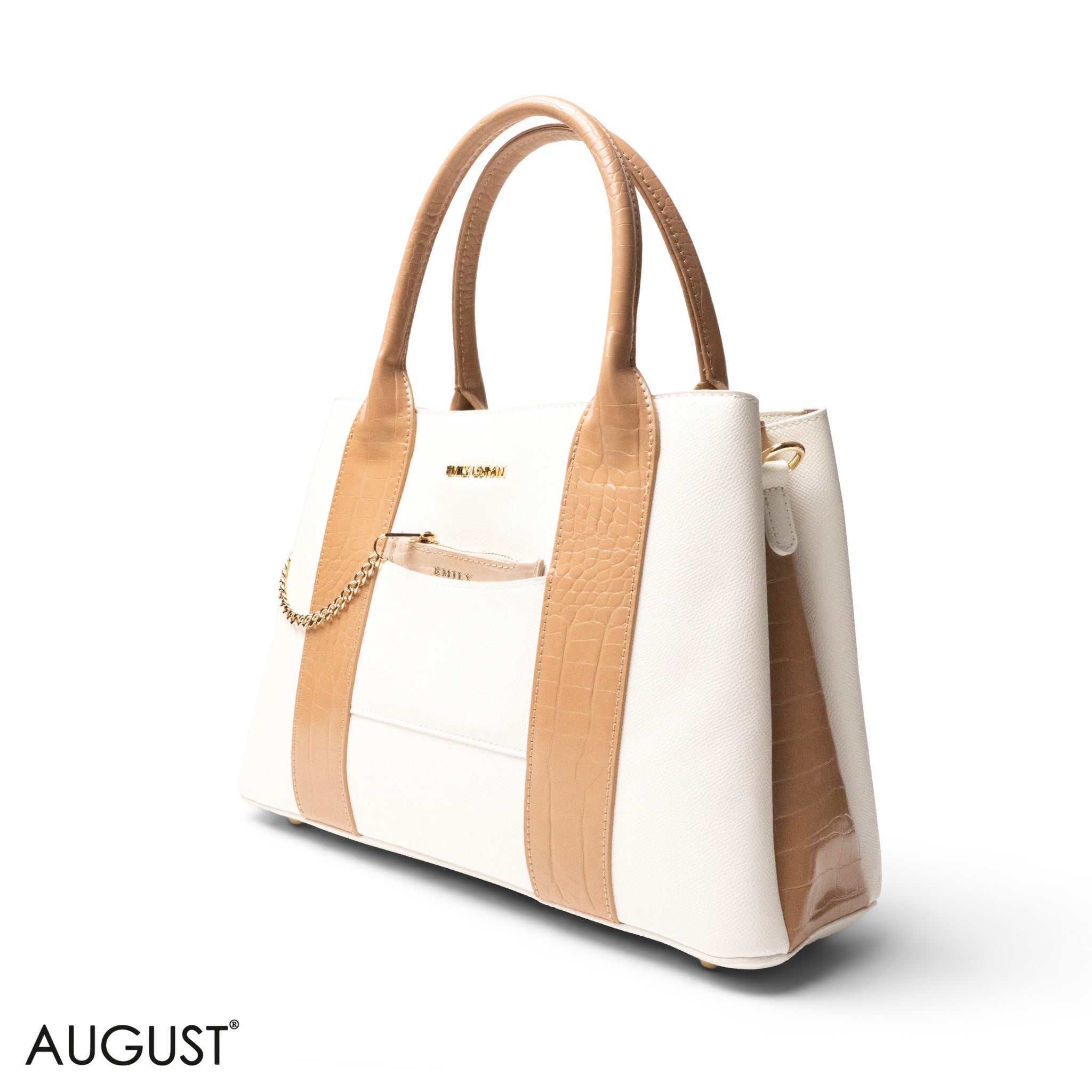 WHITE SMOOTH LEATHER HANDBAG WITH CROC DESIGN -LARGE