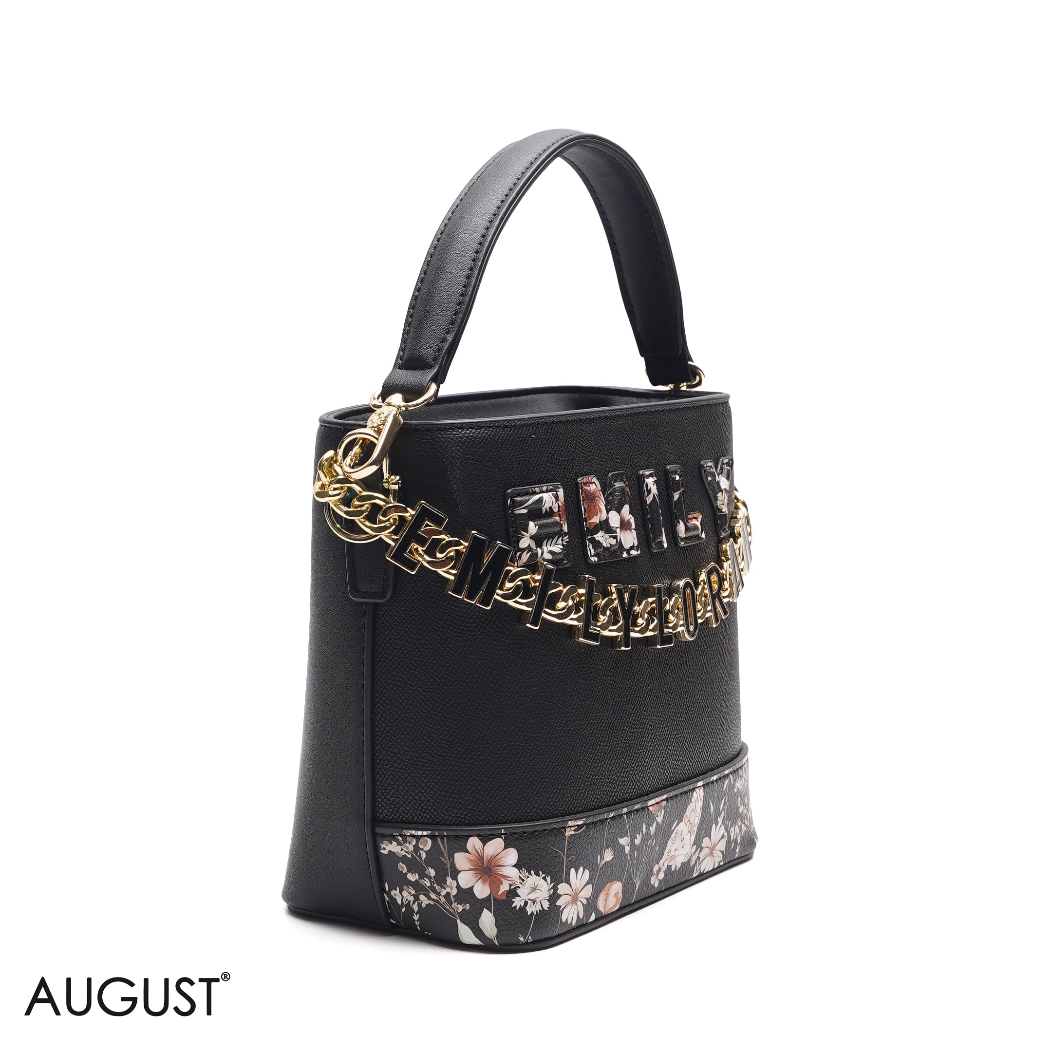 BLACK FLORAL TOTE WITH GOLD CHAIN & STRAP