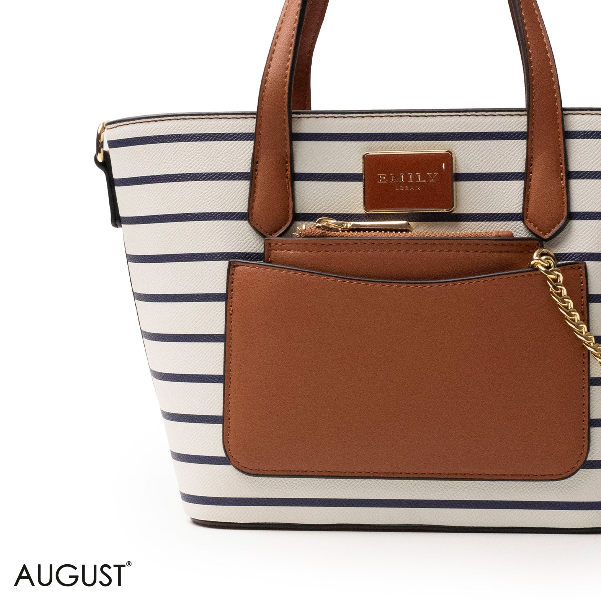 LEATHER HANDBAG WITH STRIPED NAVY ACCENTS - MED
