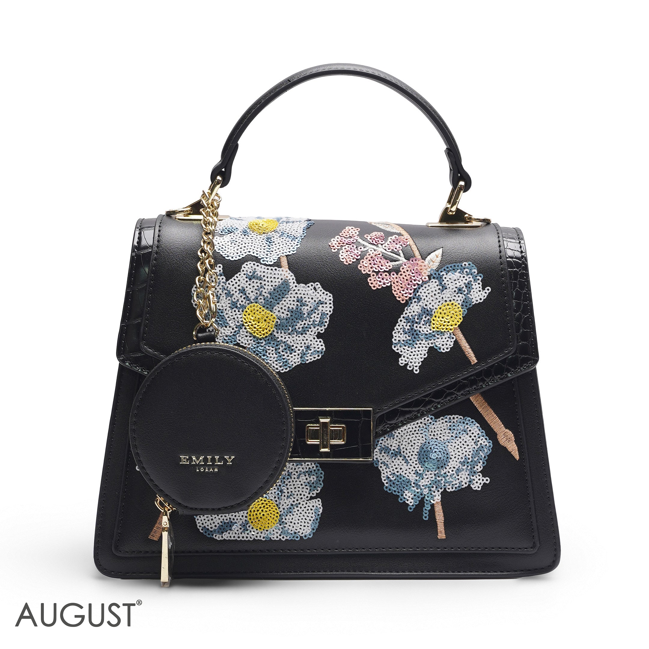 BLACK SEQUIN FLORAL SATCHEL WITH ROUND POUCH