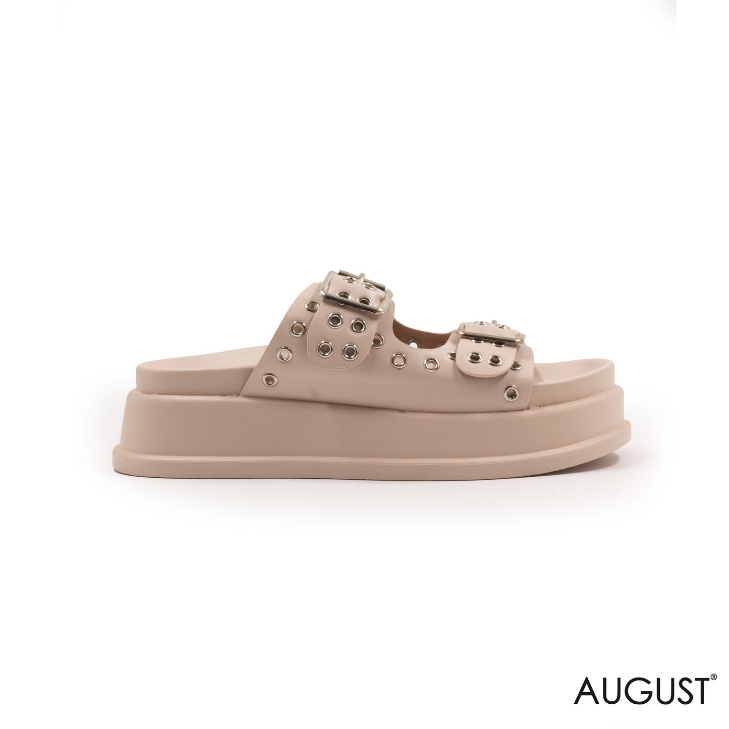 BEIGE LEATHER SLIPPERS WITH METAL EYELETS AND BUCKLE
