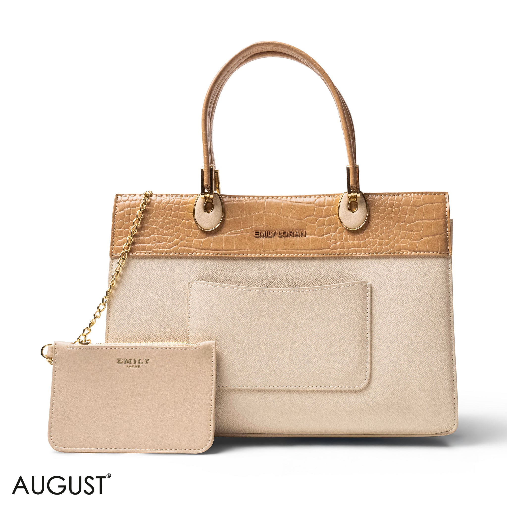 BEIGE LEATHER SMOOTH HANDBAG WITH CROC DETAILS-LARGE