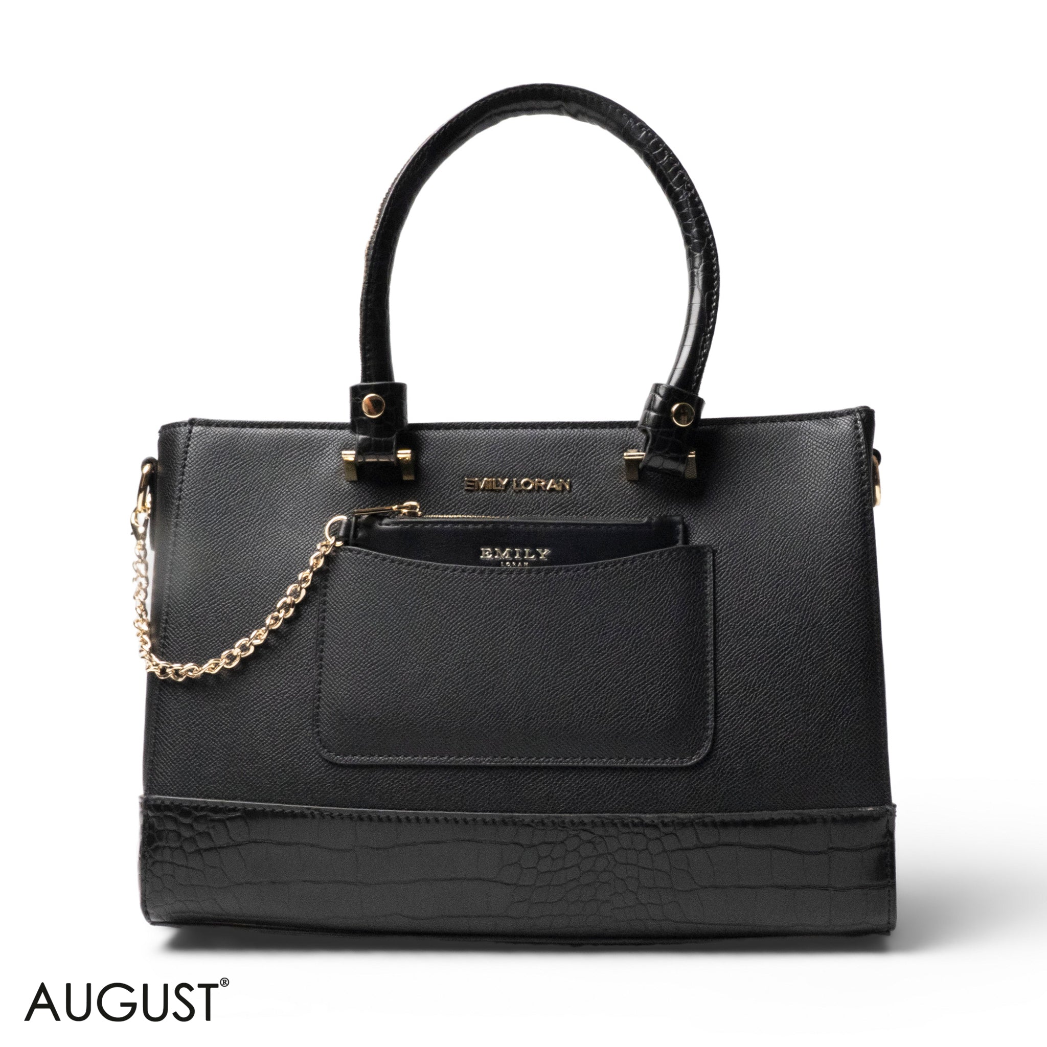 BLACK LEATHER SMOOTH HANDBAG WITH CROC DETAILS-LARGE