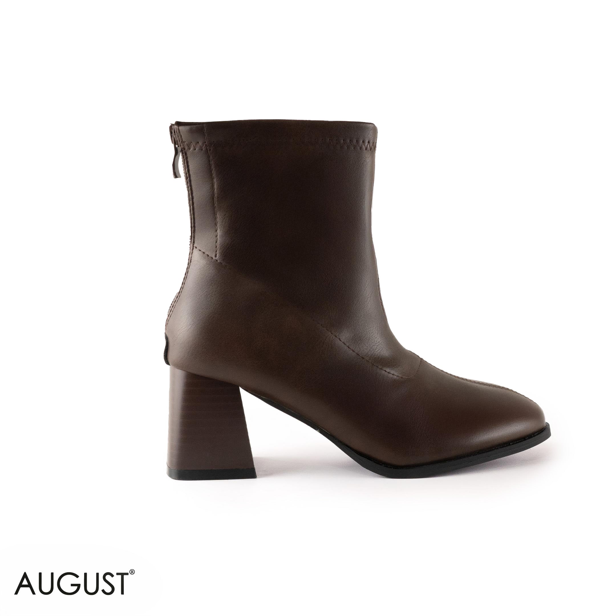 BROWN LEATHER HEELED BOOTS WITH BACK ZIPPER