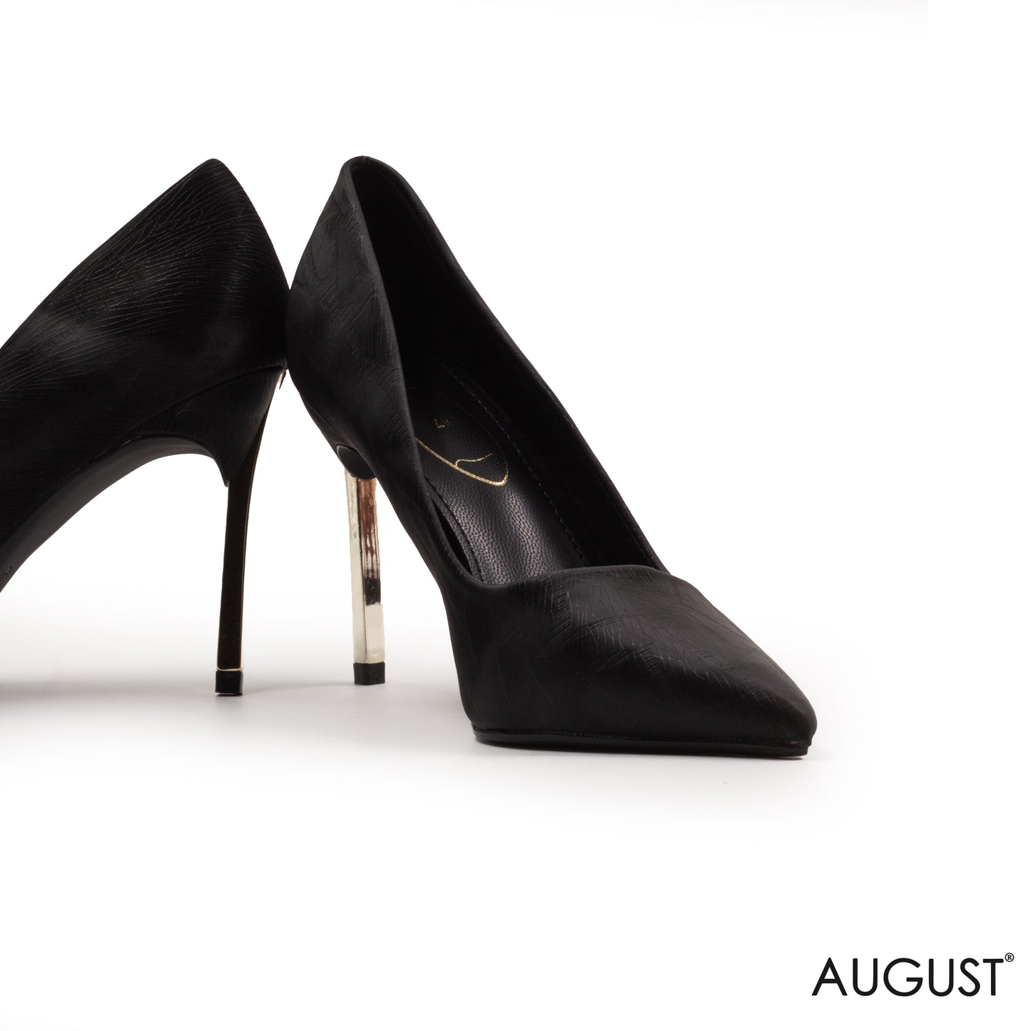 BLACK LEATHER TEXTURED WITH METALLIC HEEL SHOES