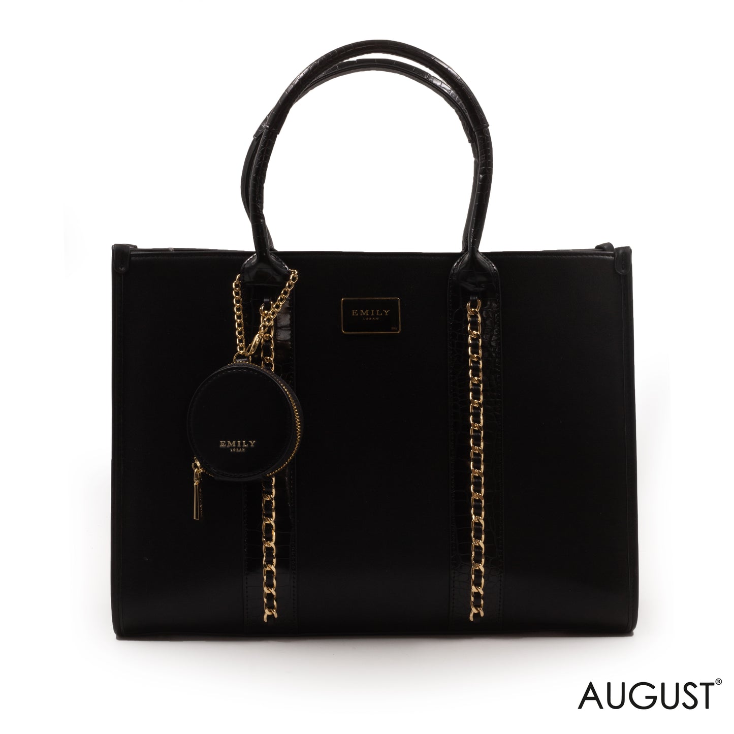 BLACK LEATHER EMILY LORAN HANDBAG WITH CHAIN DETAIL -LARGE