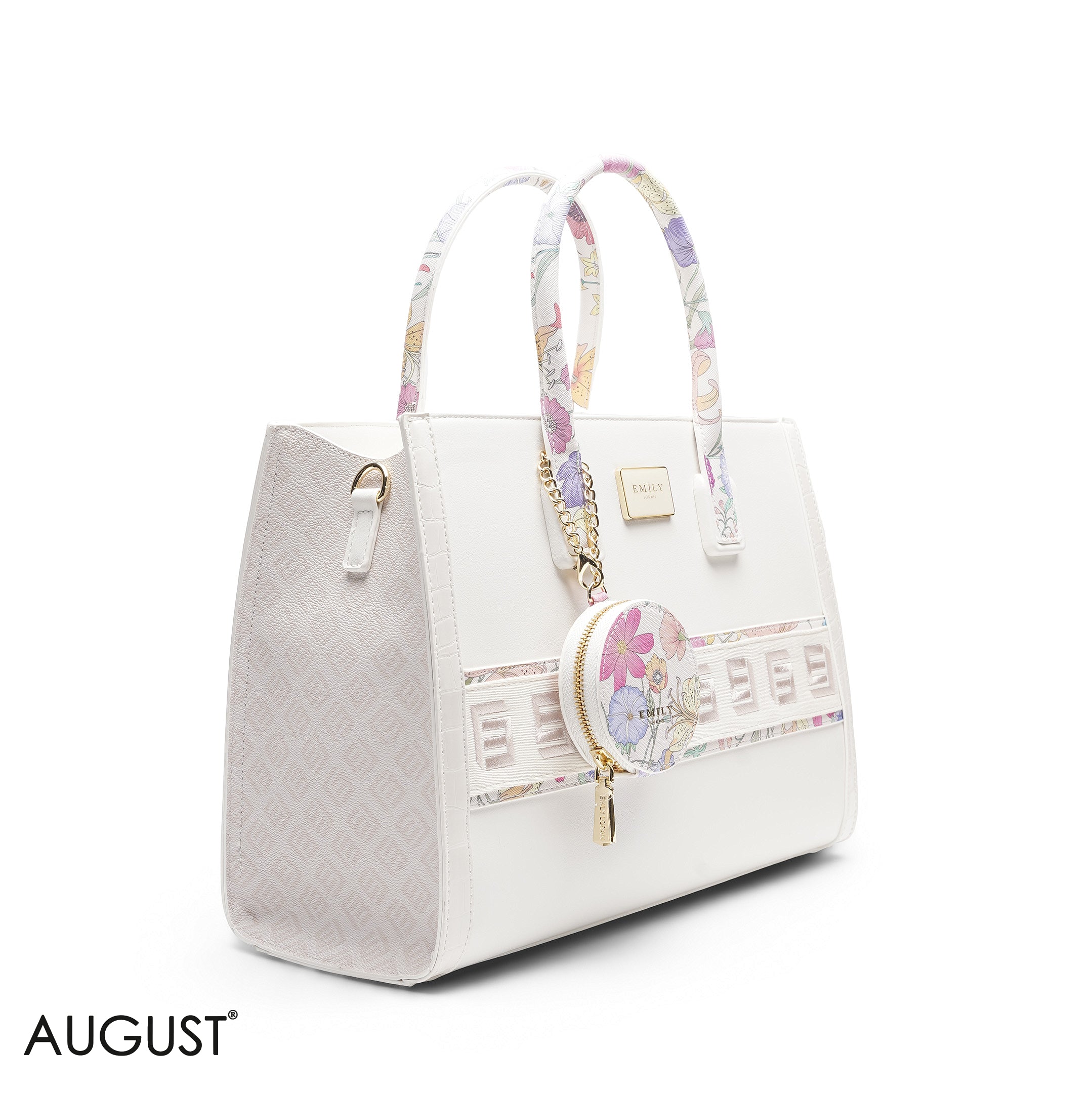 WHITE FLORAL TOTE WITH STRAP & ROUND POUCH - LARGE