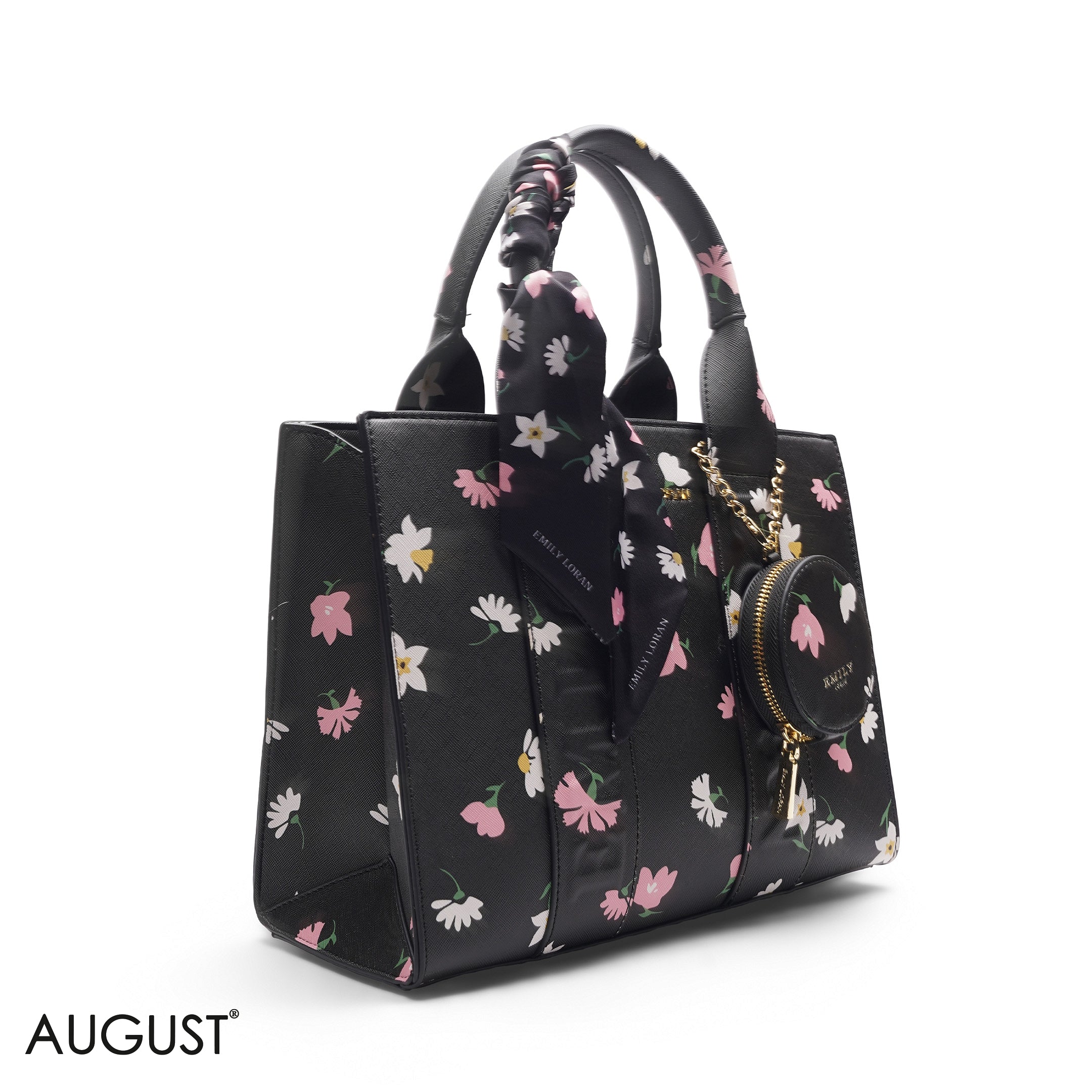 FLORAL PRINT SCARF BLACK TOTE BAG -MED