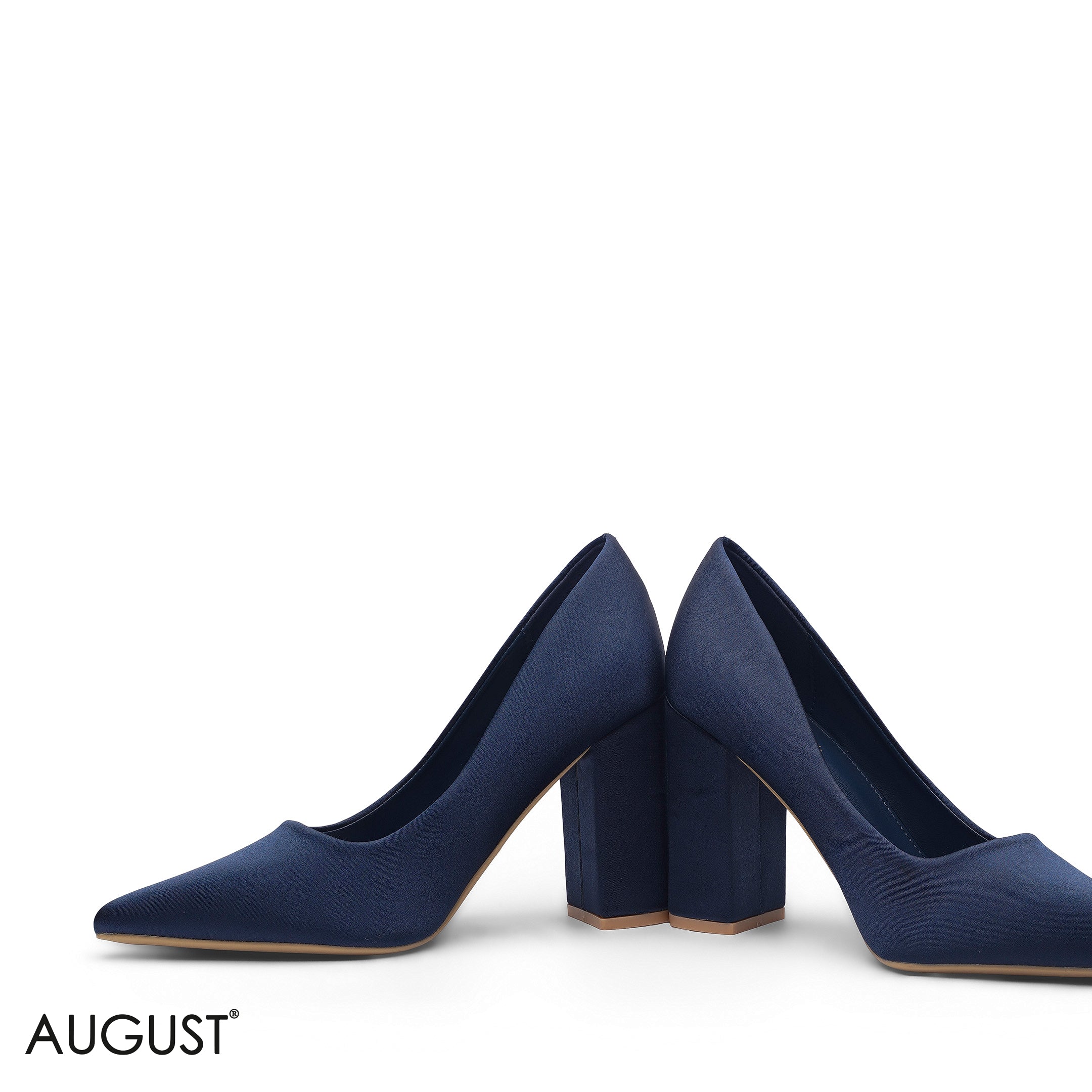 NAVY BLUE SATIN POINTED-TOE BLOCK HIGH HEEL