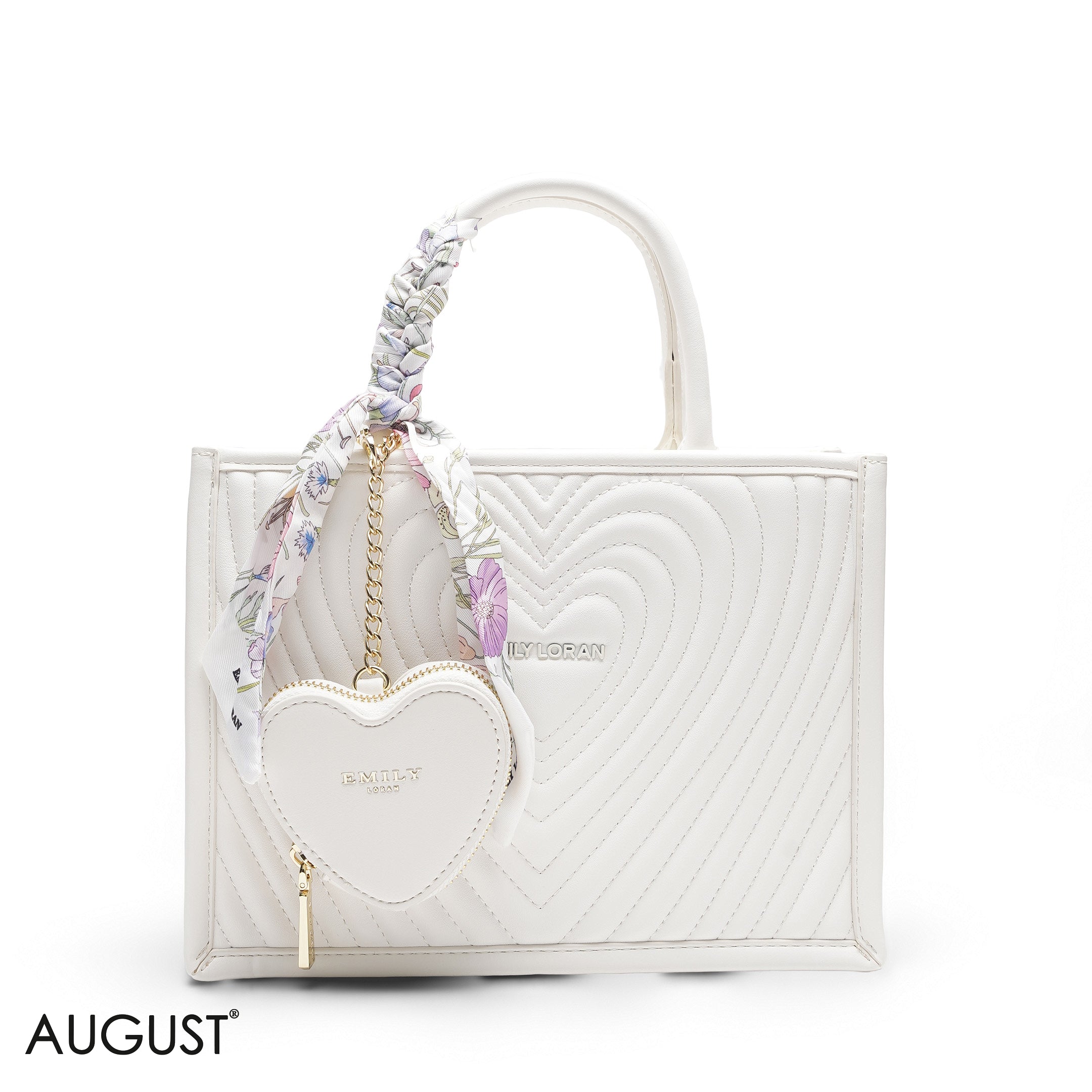 HEART QUILTED FLORAL SCARF WHITE TOTE BAG