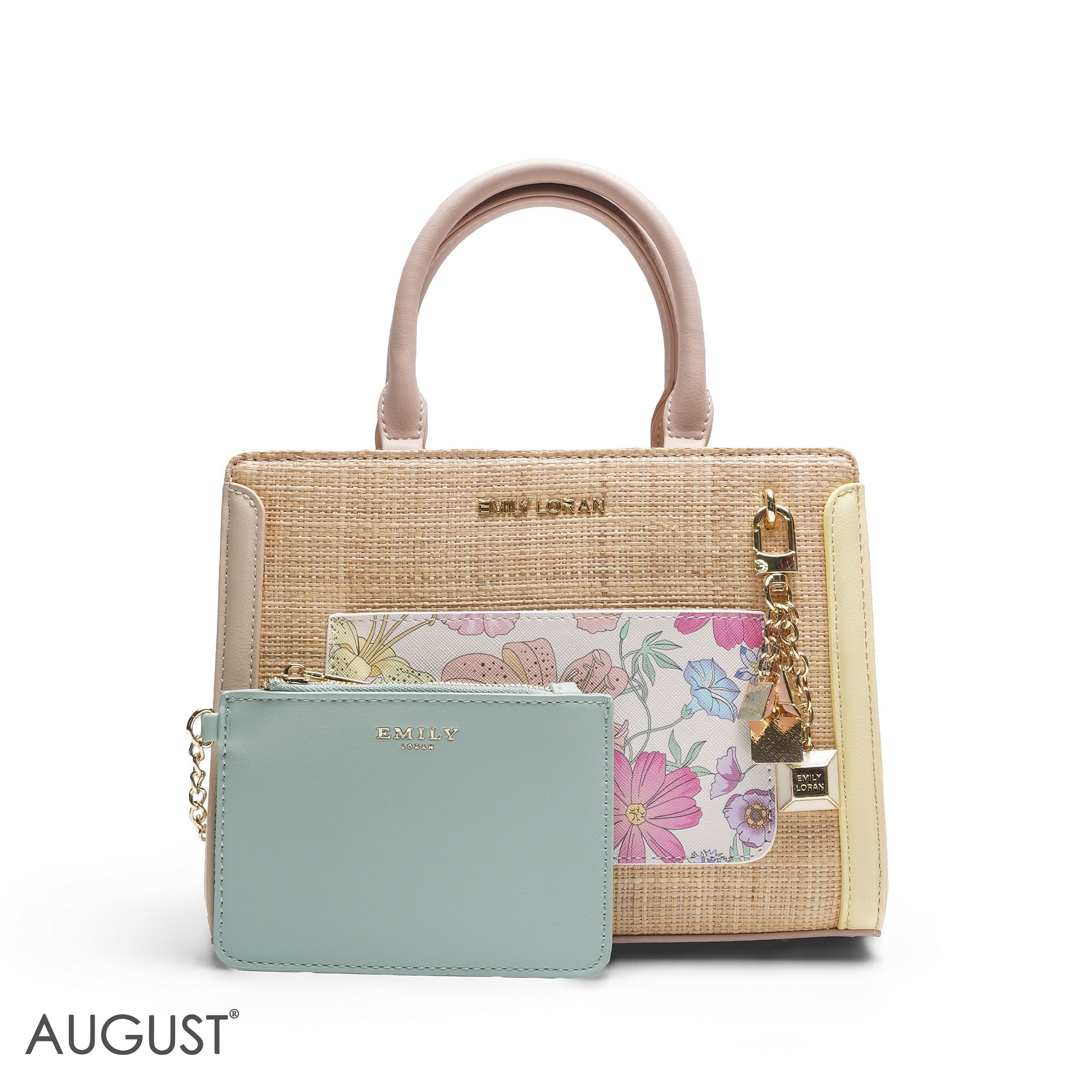 EMILY STRAW TEXTURE BAG WITH FLORAL ACCENTS - MED