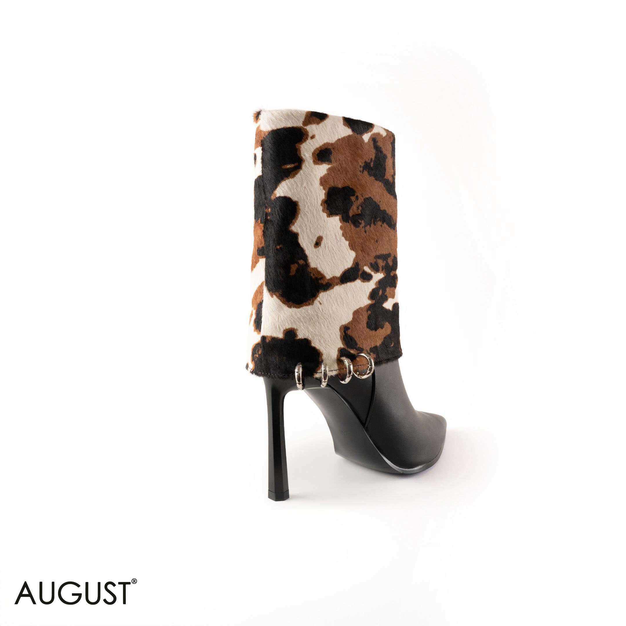 COWHIDE-PRINT STILETTOS HEELED BOOTS WITH METAL- RINGS DETAIL