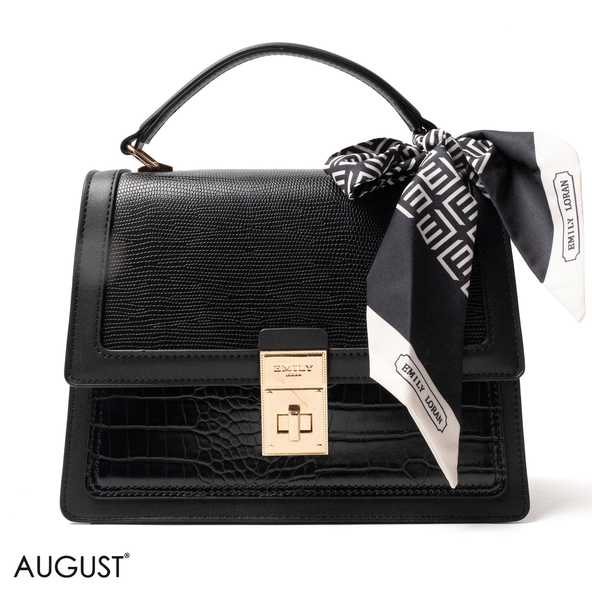 BLACK LEATHER HANDBAG WITH EMILY LORAN SCARF - MED