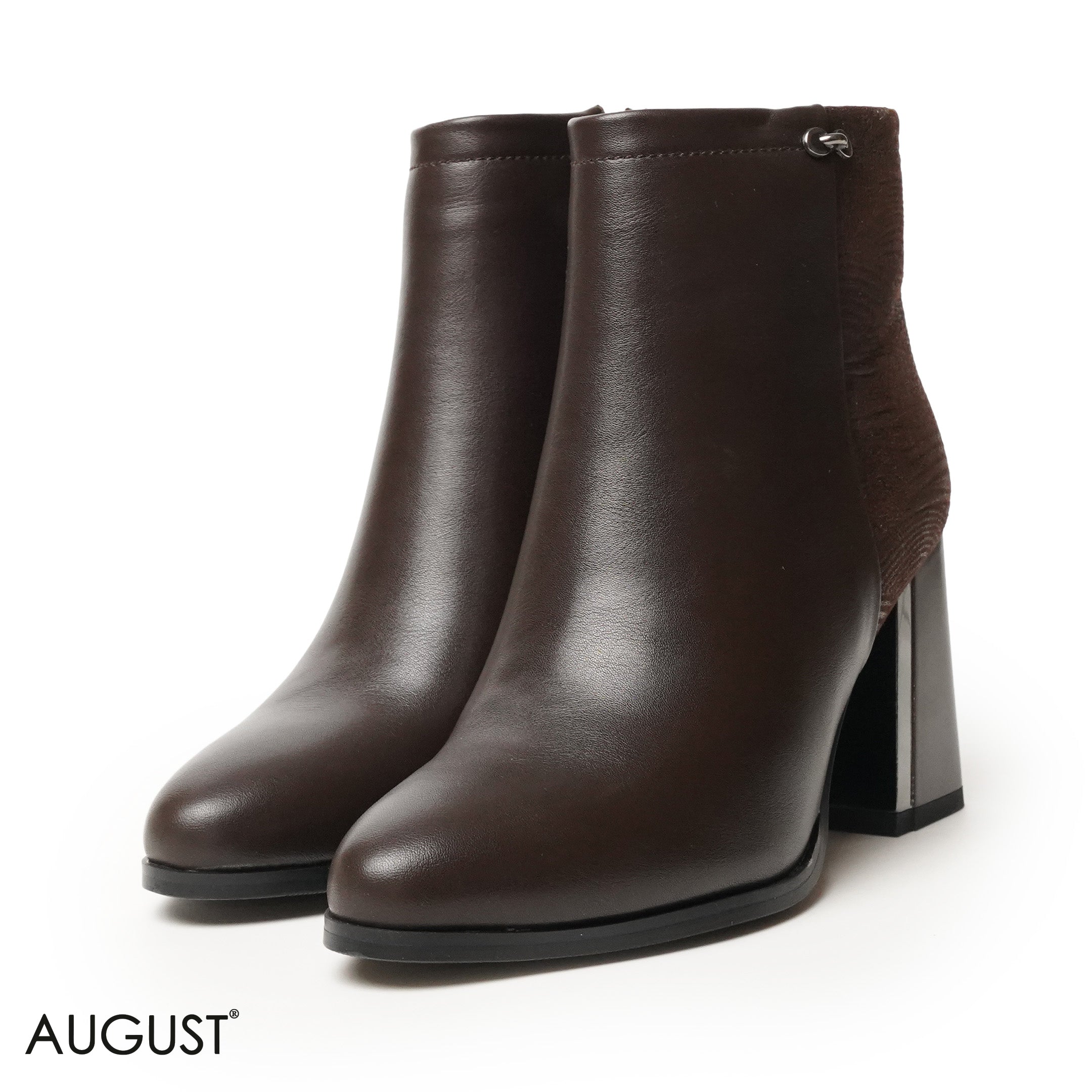 BROWN LEATHER HEELED ANKLE BOOTS WITH SUEDE TOUCH
