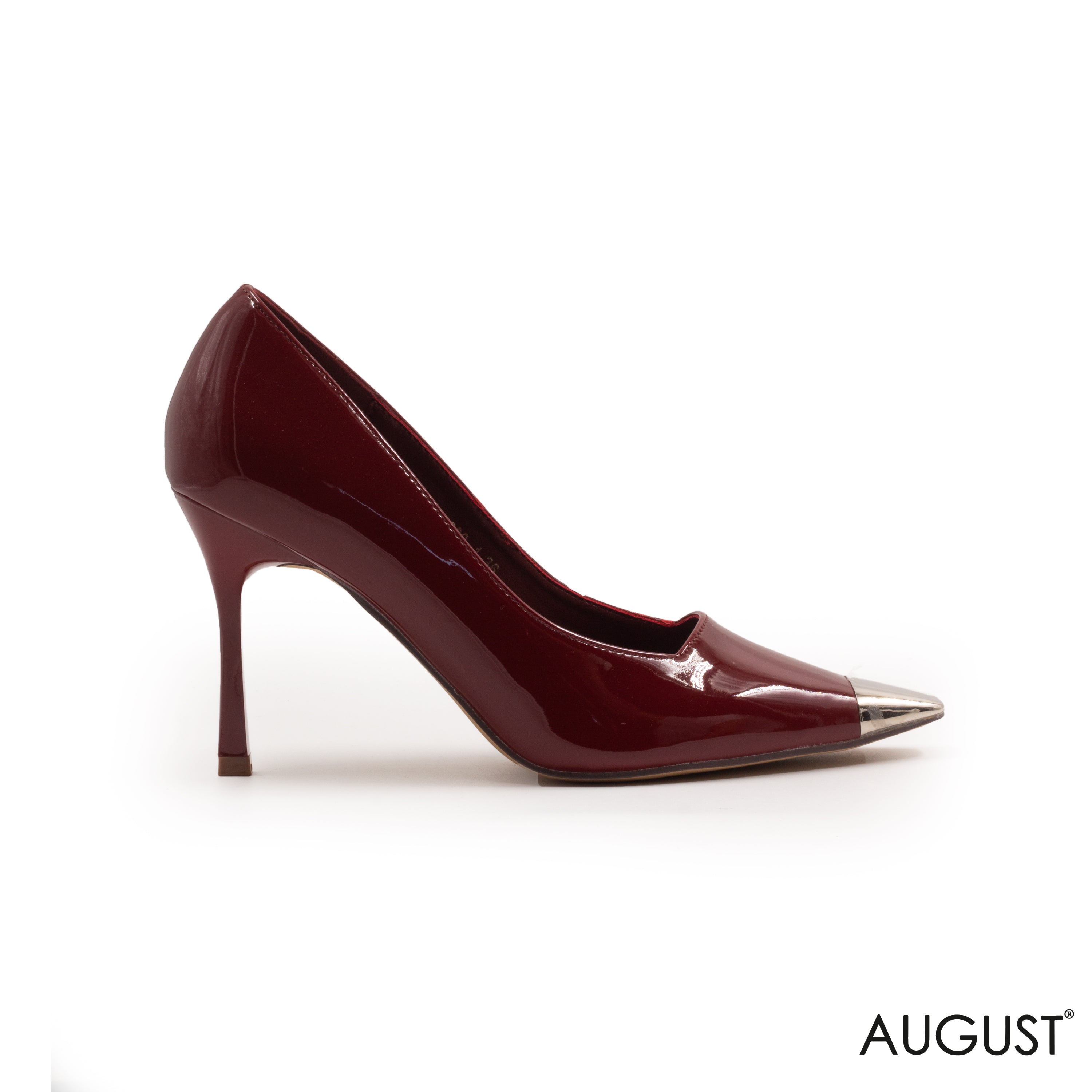 BURGUNDY GLOSSY LEATHER HIGH- HEEL WITH POINTED TOE METALLIC