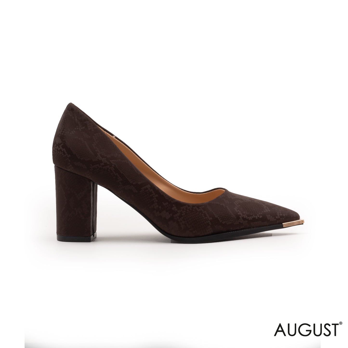 BROWN SNAKE PANTTERNED LEATHER MED -HEEL SHOES