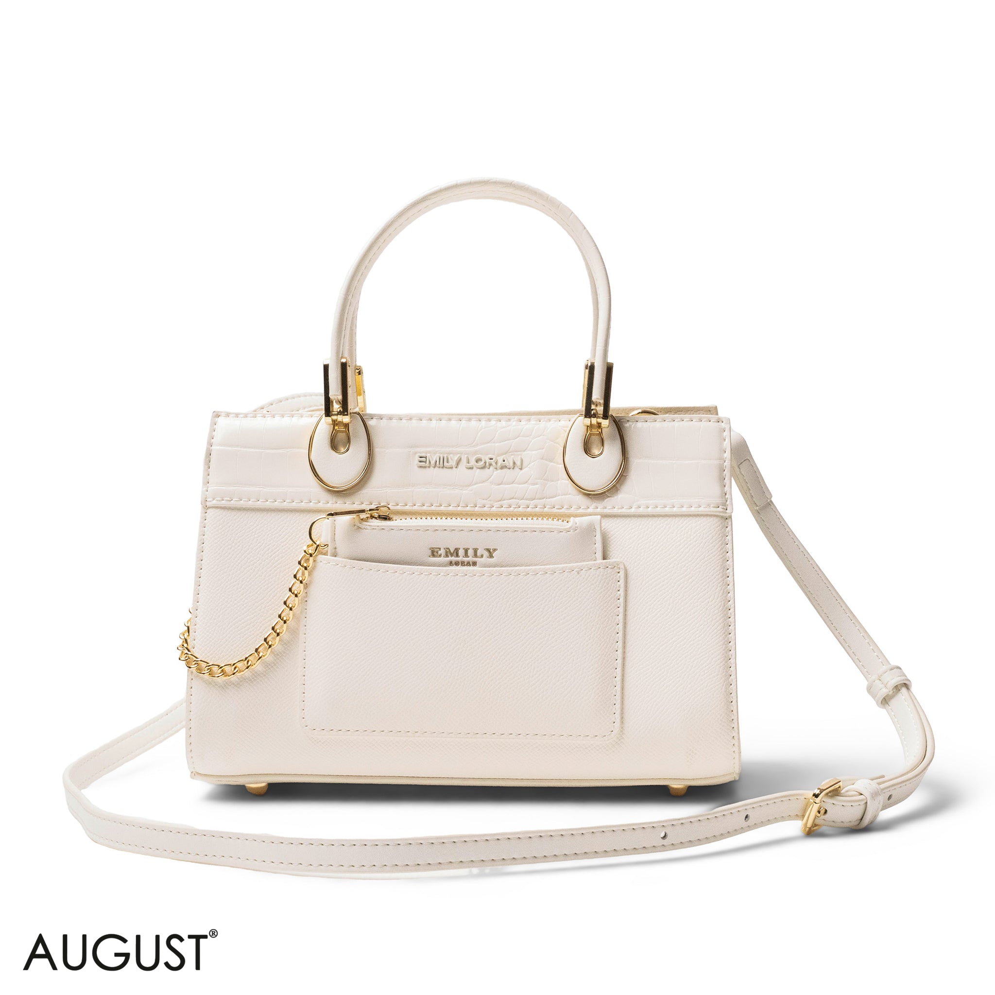 WHITE LEATHER SMOOTH HANDBAG WITH CROC DETAILS-SMALL