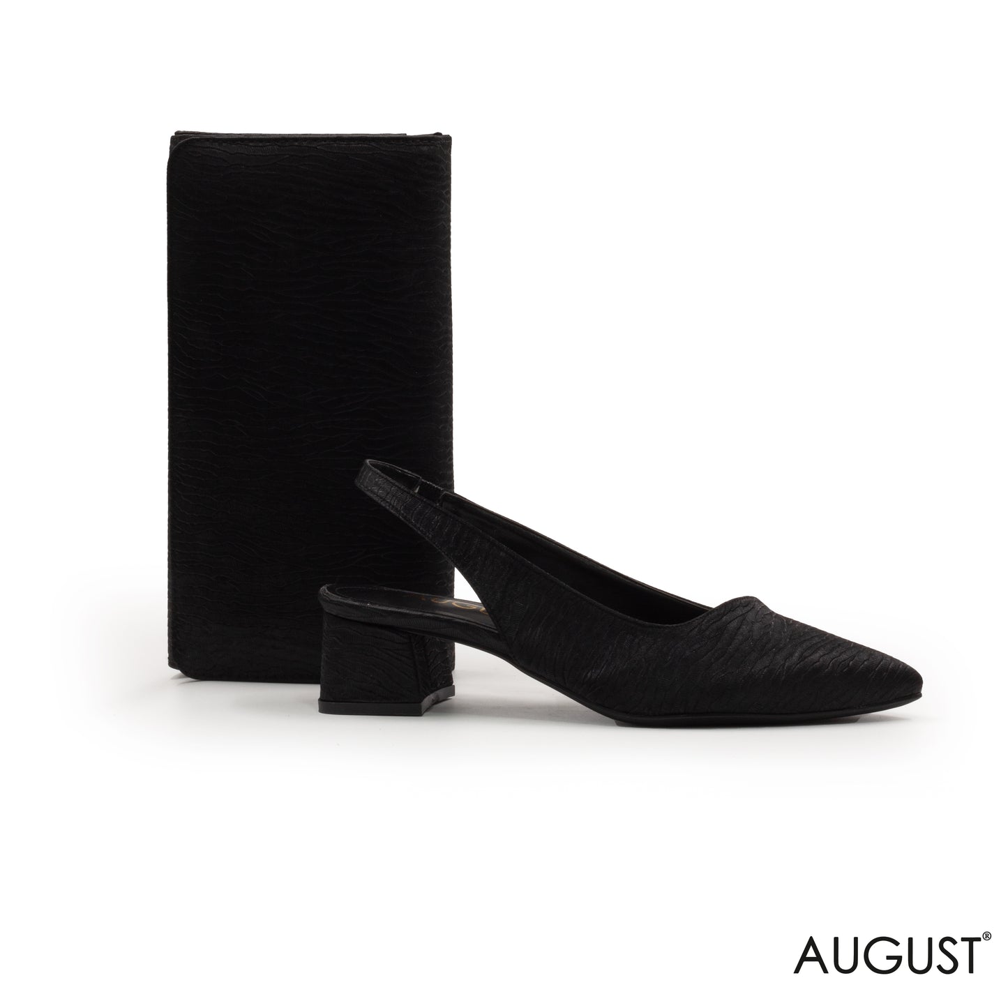 SLINGBACK SHOES WITH A BLOCK LOW-HELL,BLACK ENGRAVED LEATHER WALLET WITH FLAP